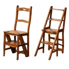 Retro 19th Century French Carved Beech Wood Chair Folding Step Ladder