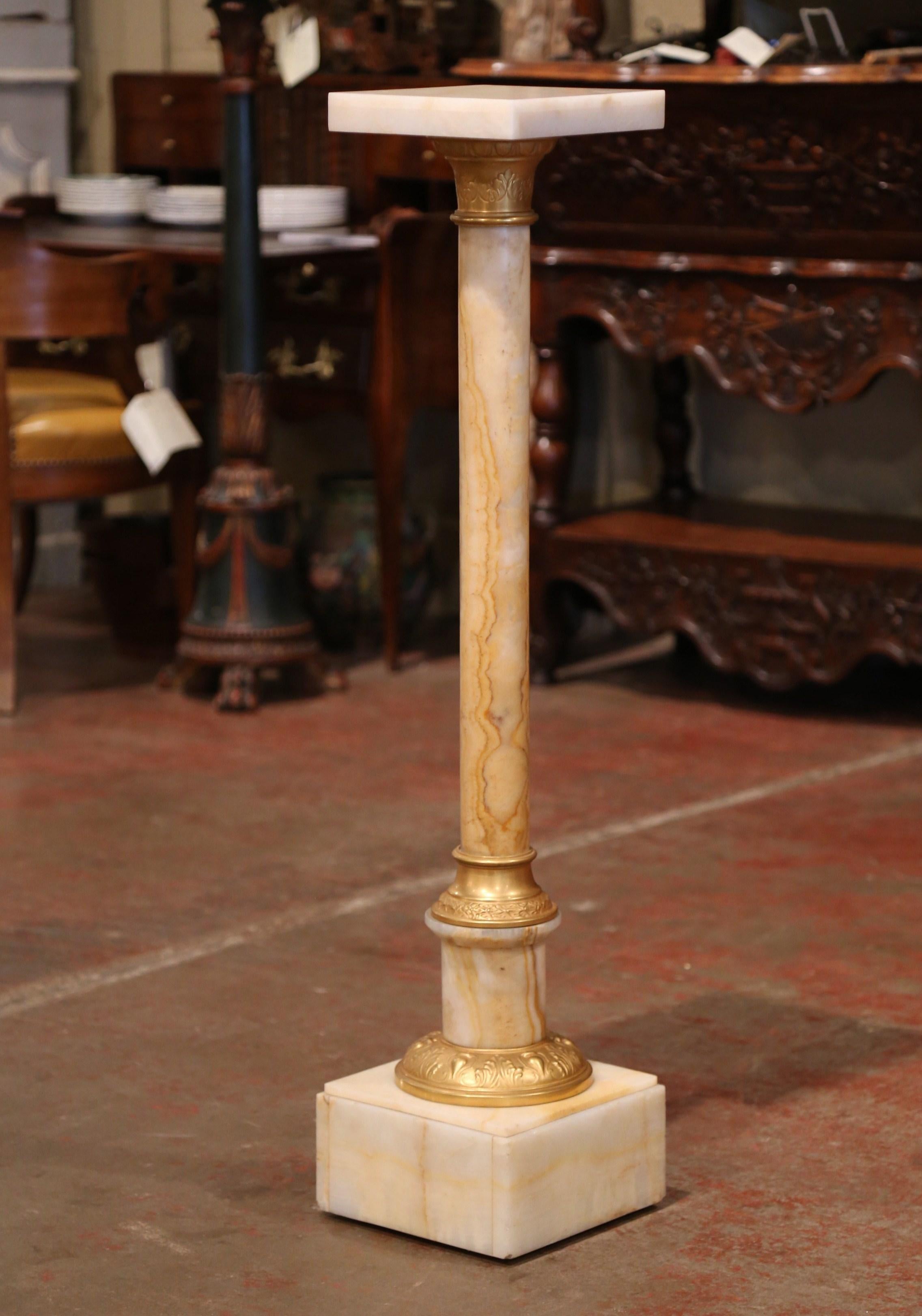 Patinated 19th Century French Carved Beige Marble Pedestal Table with Bronze Mounts