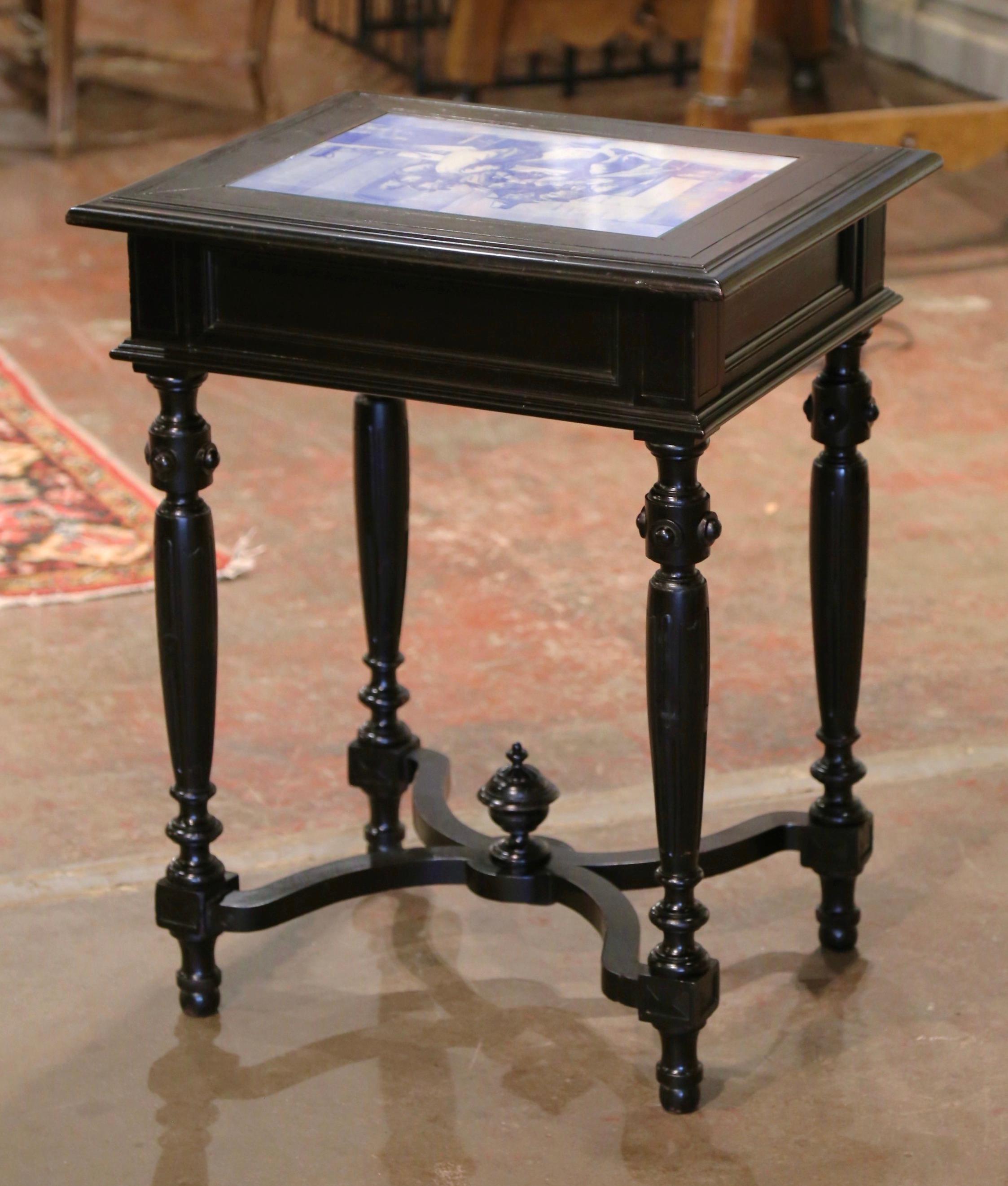 19th Century French, Carved Blackened and Blue and White Painted Tile Side Table For Sale 7