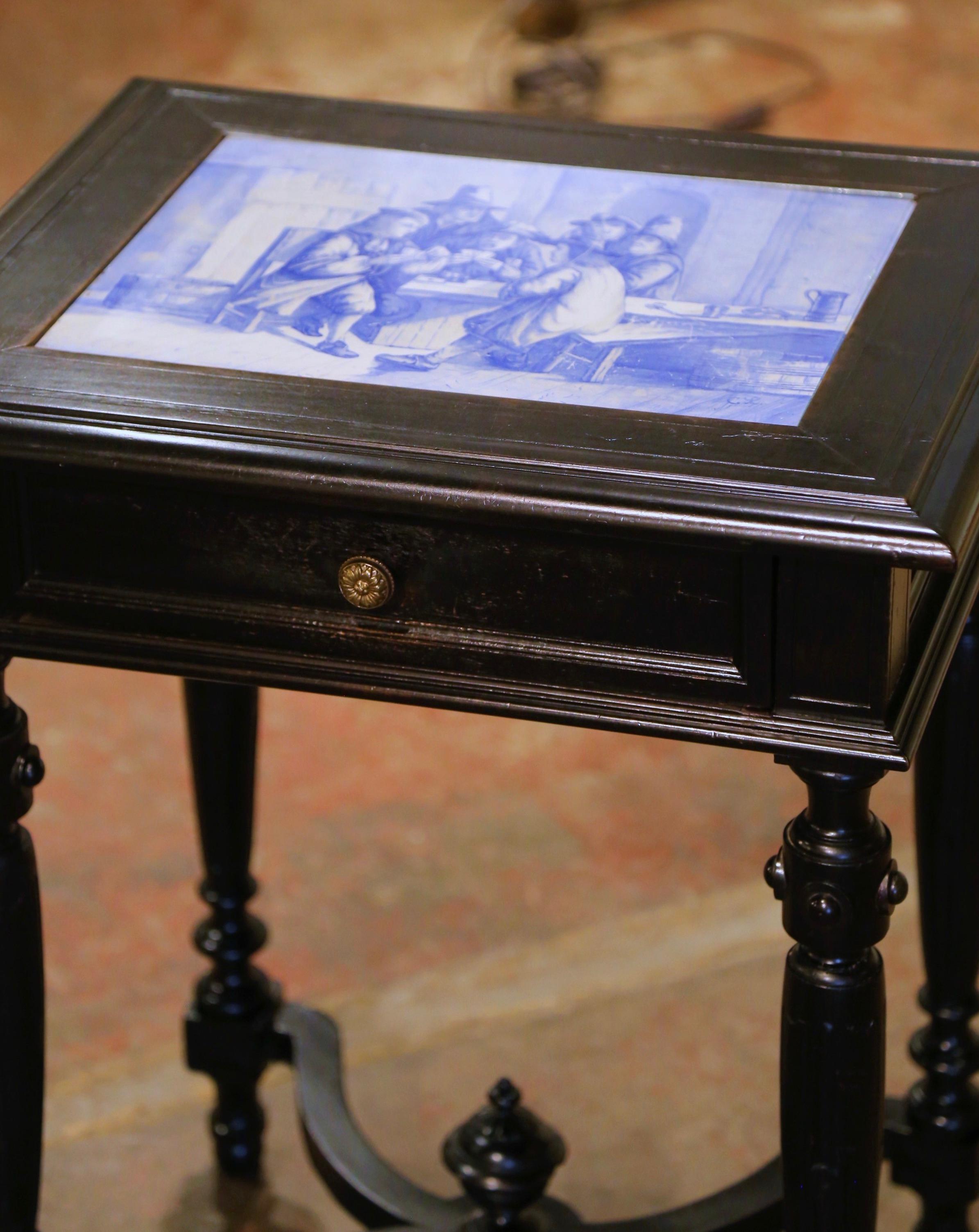 Napoleon III 19th Century French, Carved Blackened and Blue and White Painted Tile Side Table For Sale