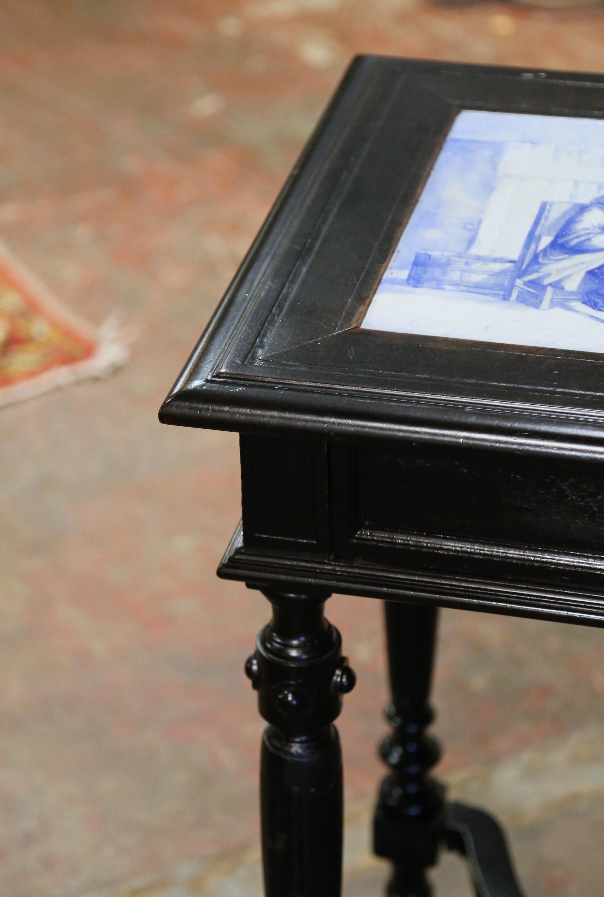 19th Century French, Carved Blackened and Blue and White Painted Tile Side Table For Sale 1