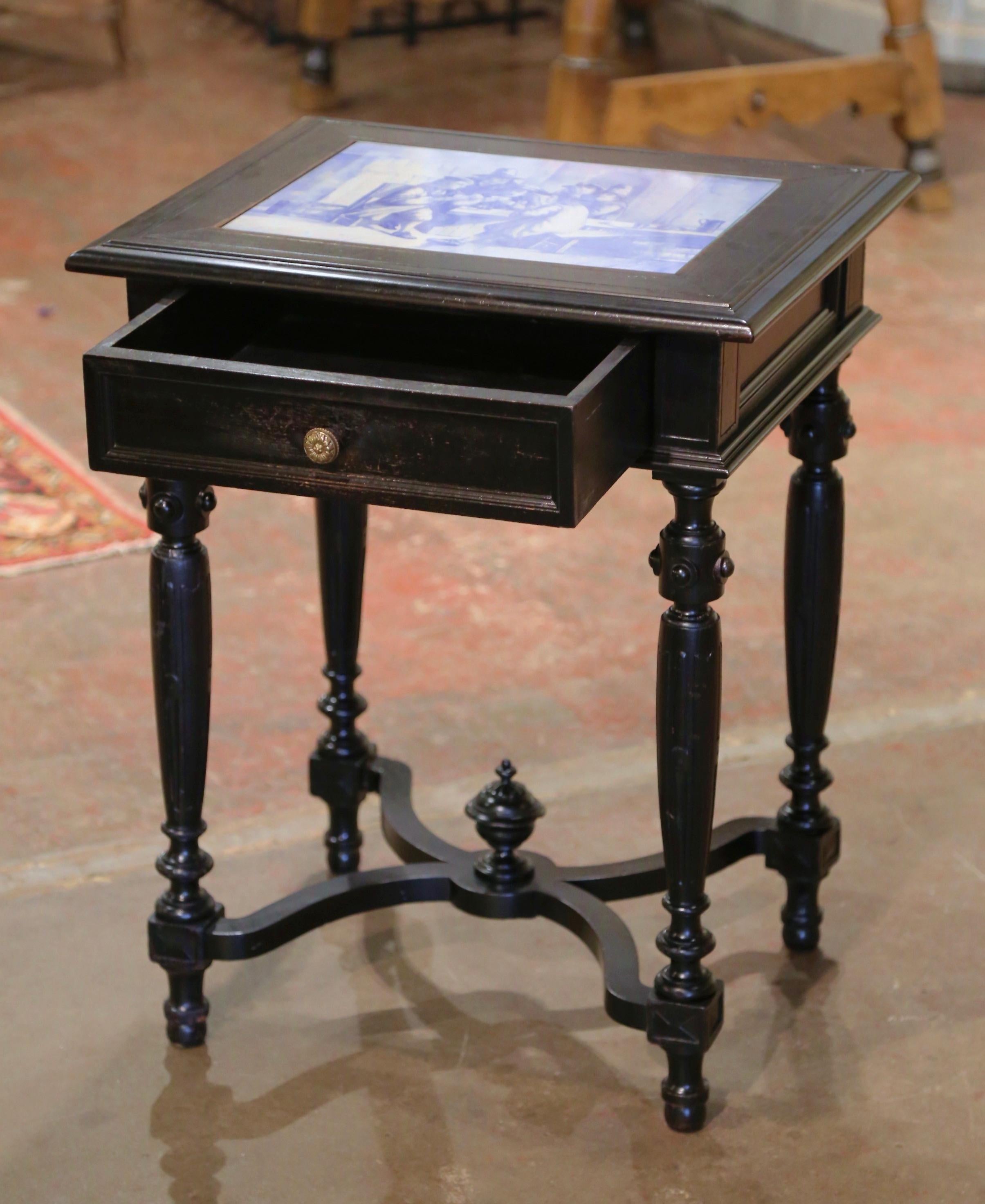 19th Century French, Carved Blackened and Blue and White Painted Tile Side Table For Sale 3