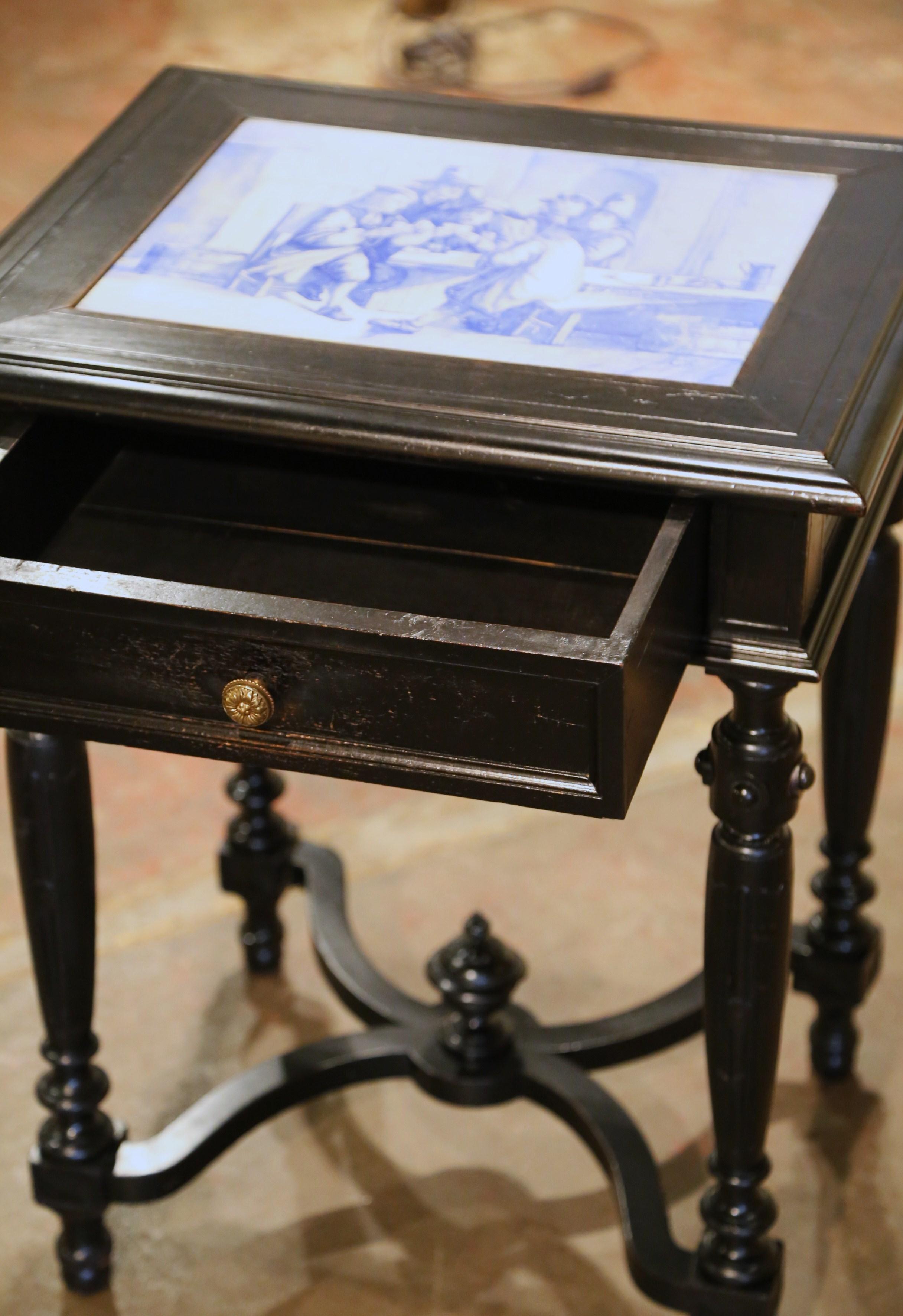 19th Century French, Carved Blackened and Blue and White Painted Tile Side Table For Sale 4