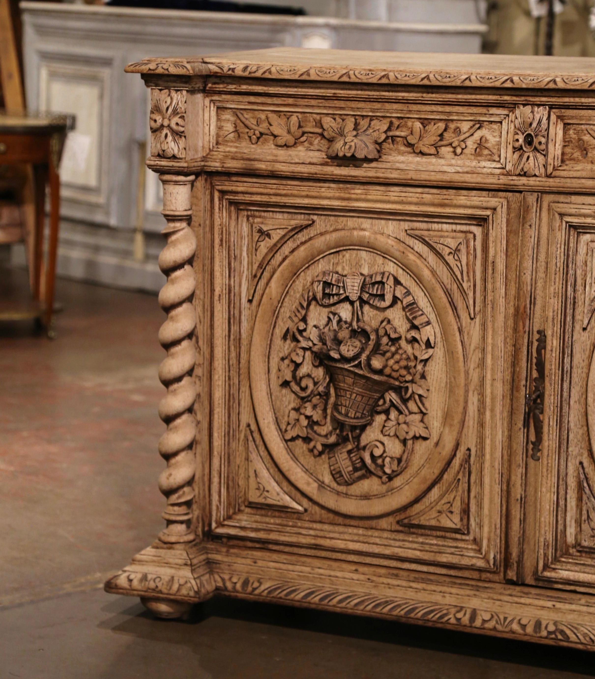 Black Forest 19th Century French Carved Bleached Oak Buffet with Fruit and Leaf Motifs For Sale
