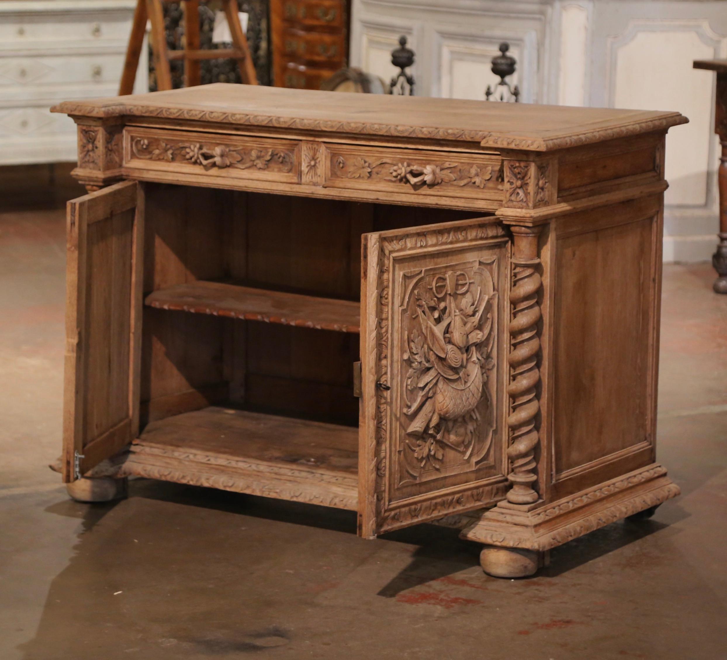 19th Century French Carved Bleached Oak Buffet with Hunt Motifs 7