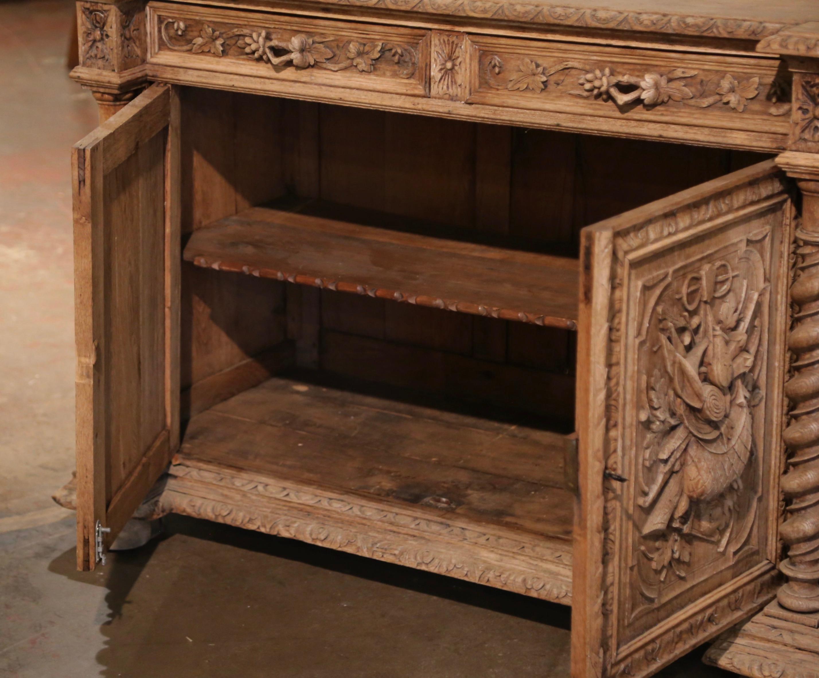 19th Century French Carved Bleached Oak Buffet with Hunt Motifs 8