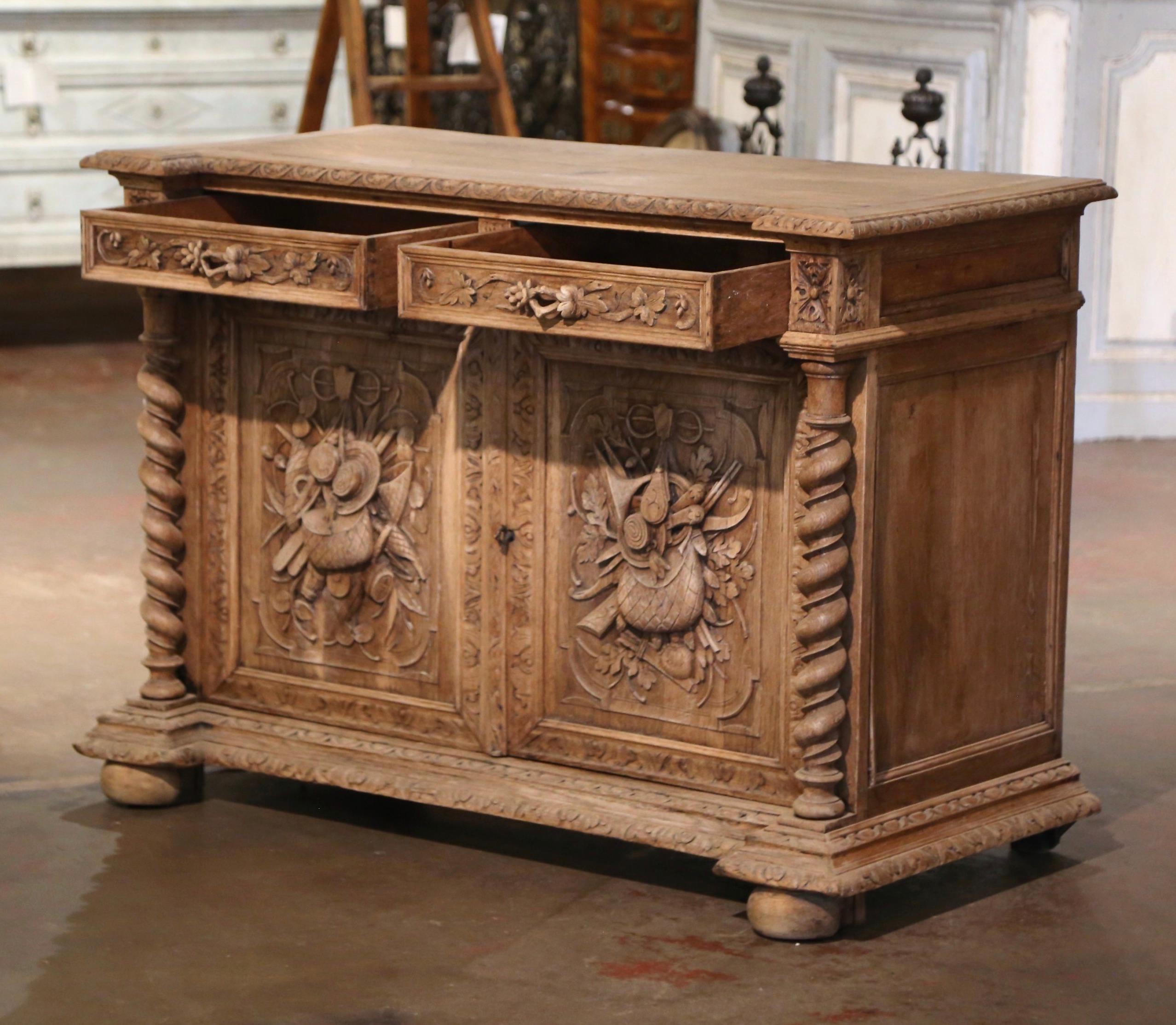 19th Century French Carved Bleached Oak Buffet with Hunt Motifs 4