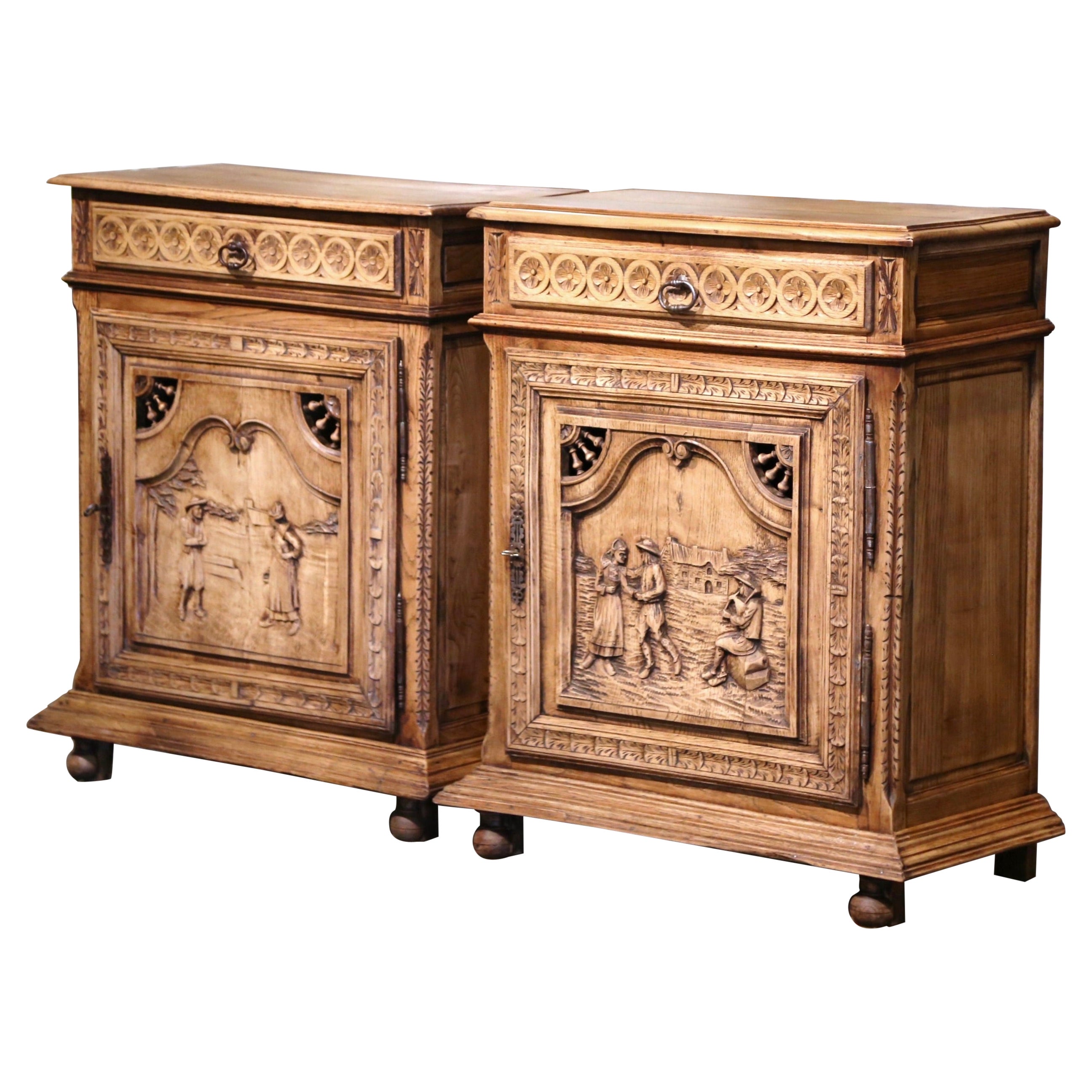 19th Century French Carved Bleached Oak Cabinets from Brittany, Set of Two For Sale