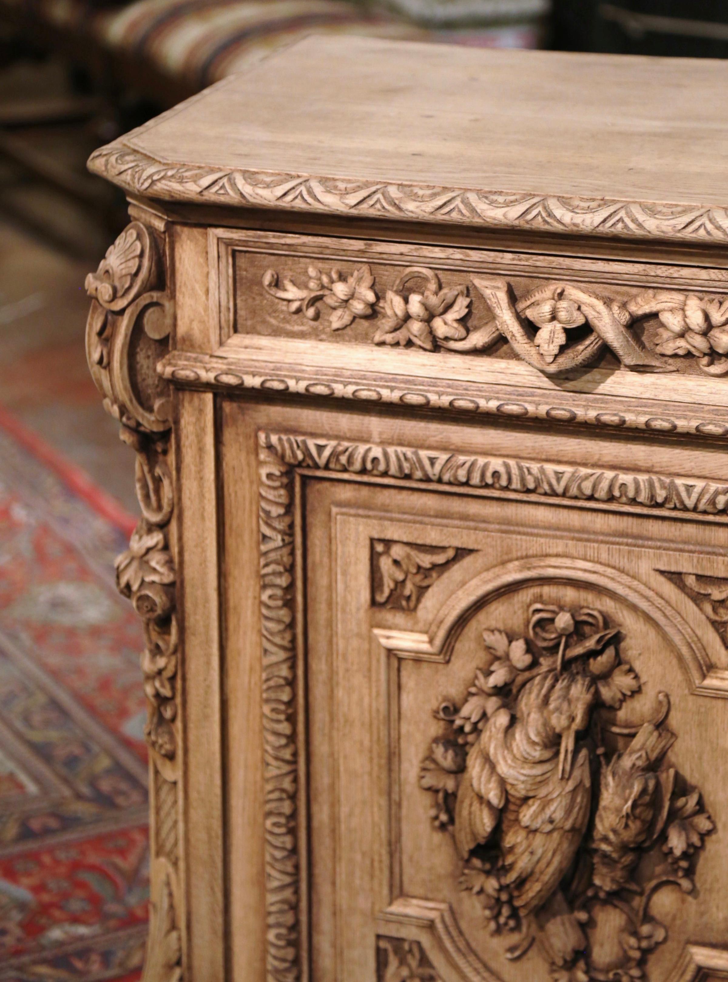 19th Century French Carved Bleached Oak Hunt Cabinet with Bird and Fish Motifs 6