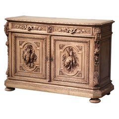 19th Century French Carved Bleached Oak Hunt Cabinet with Bird and Fish Motifs