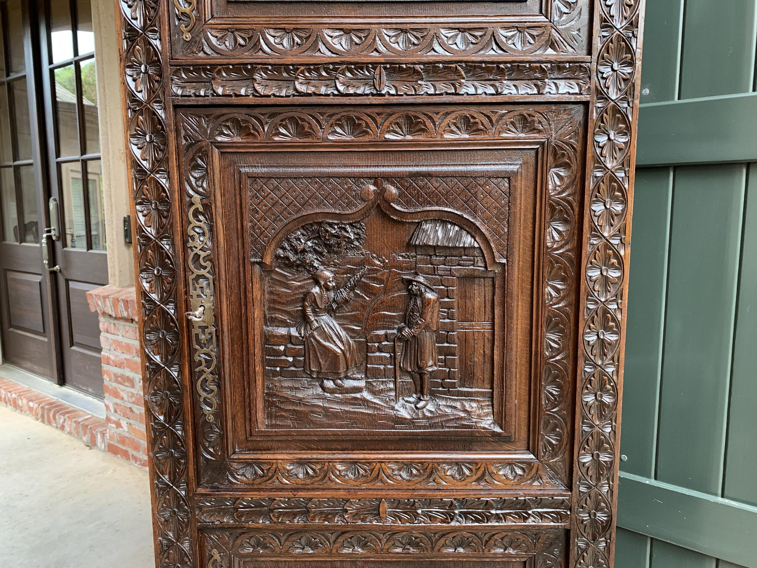 19th Century French Carved Bonnetiere Armoire Cabinet Brittany Breton Wardrobe 8