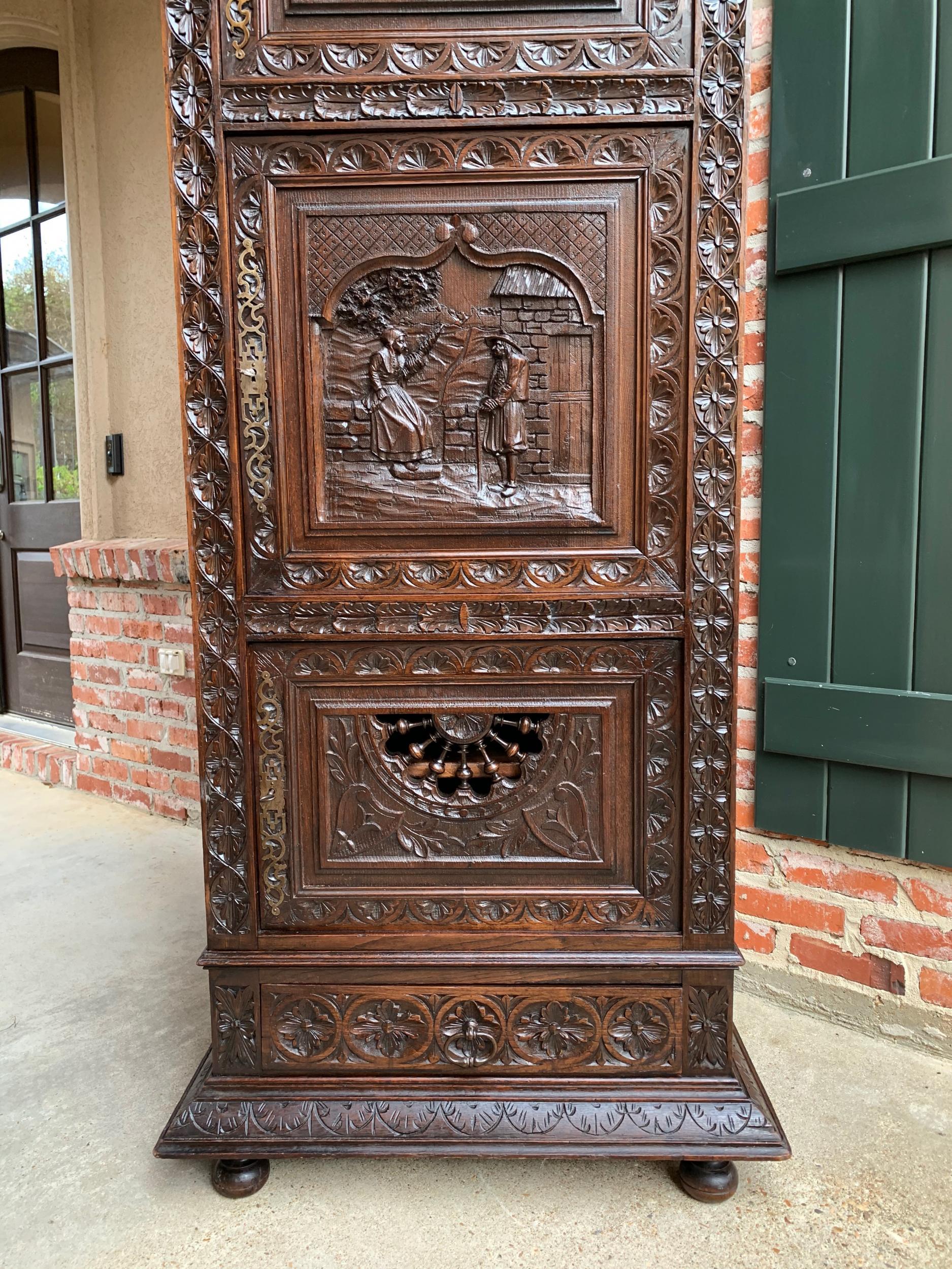 French Provincial 19th Century French Carved Bonnetiere Armoire Cabinet Brittany Breton Wardrobe
