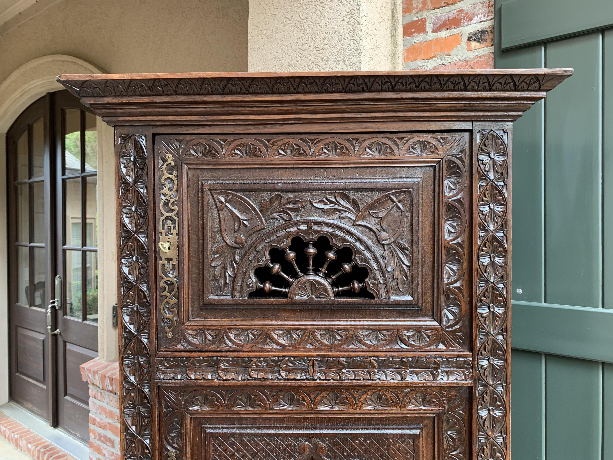 Hand-Carved 19th Century French Carved Bonnetiere Armoire Cabinet Brittany Breton Wardrobe