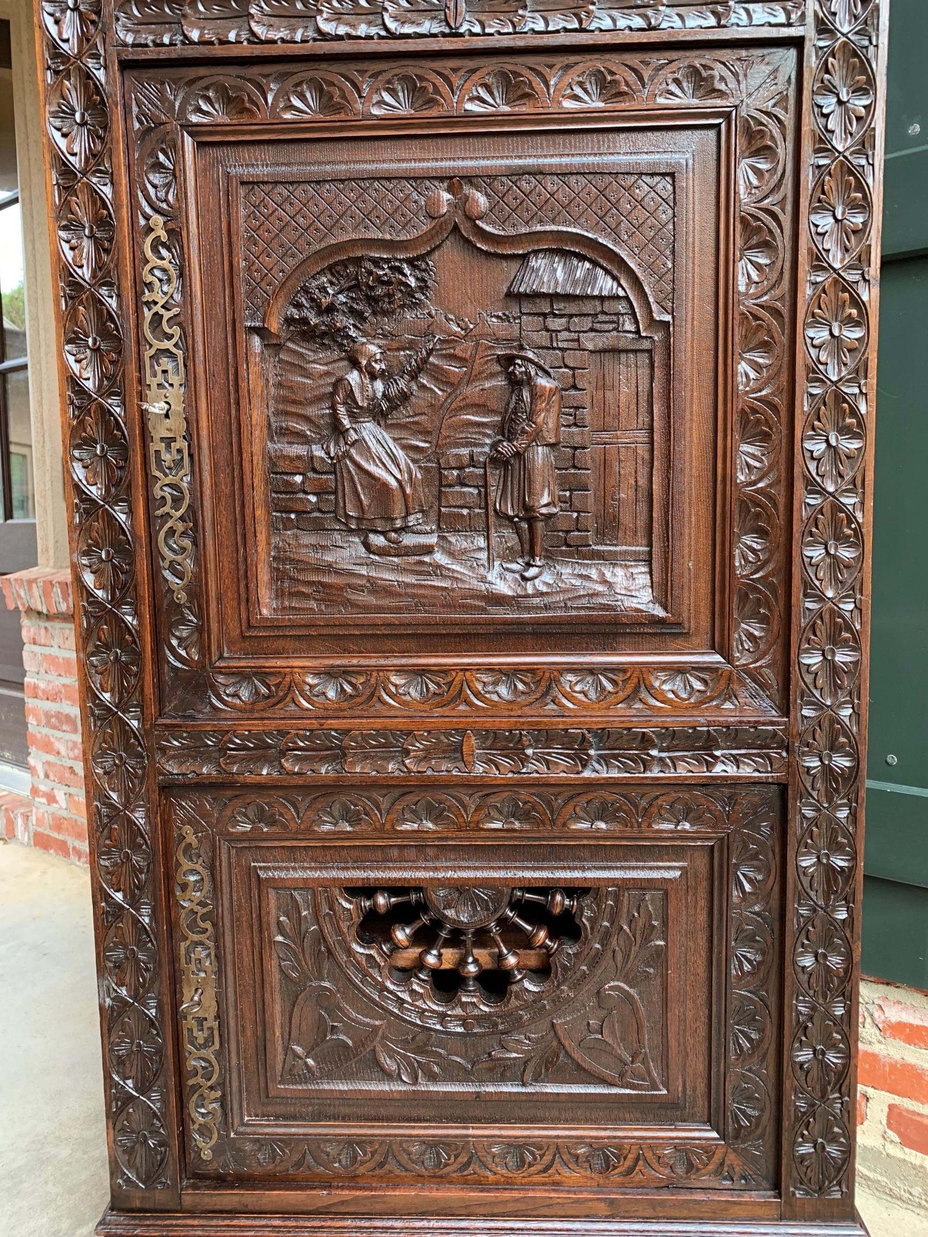 19th Century French Carved Bonnetiere Armoire Cabinet Brittany Breton Wardrobe In Good Condition In Shreveport, LA