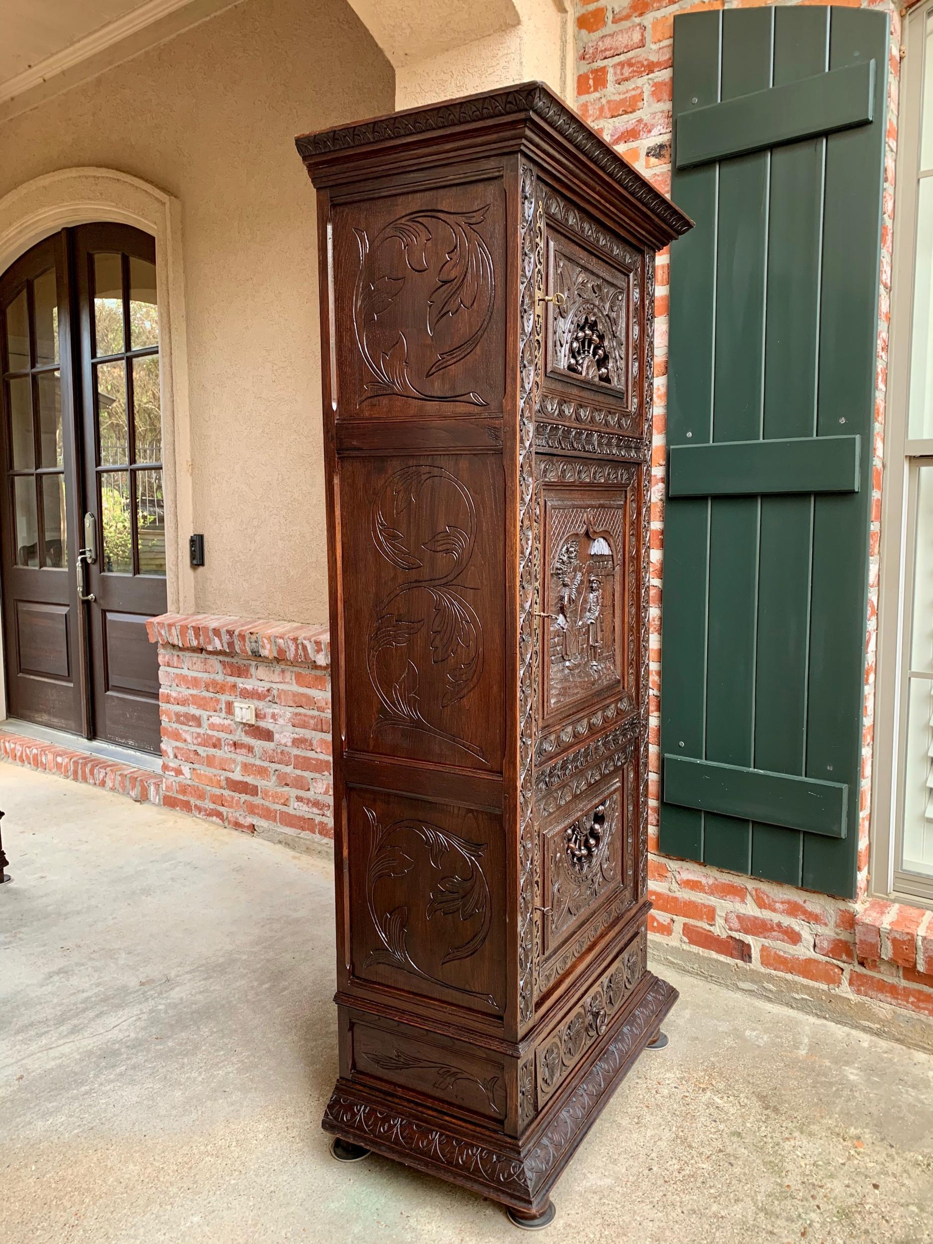 19th Century French Carved Bonnetiere Armoire Cabinet Brittany Breton Wardrobe 1