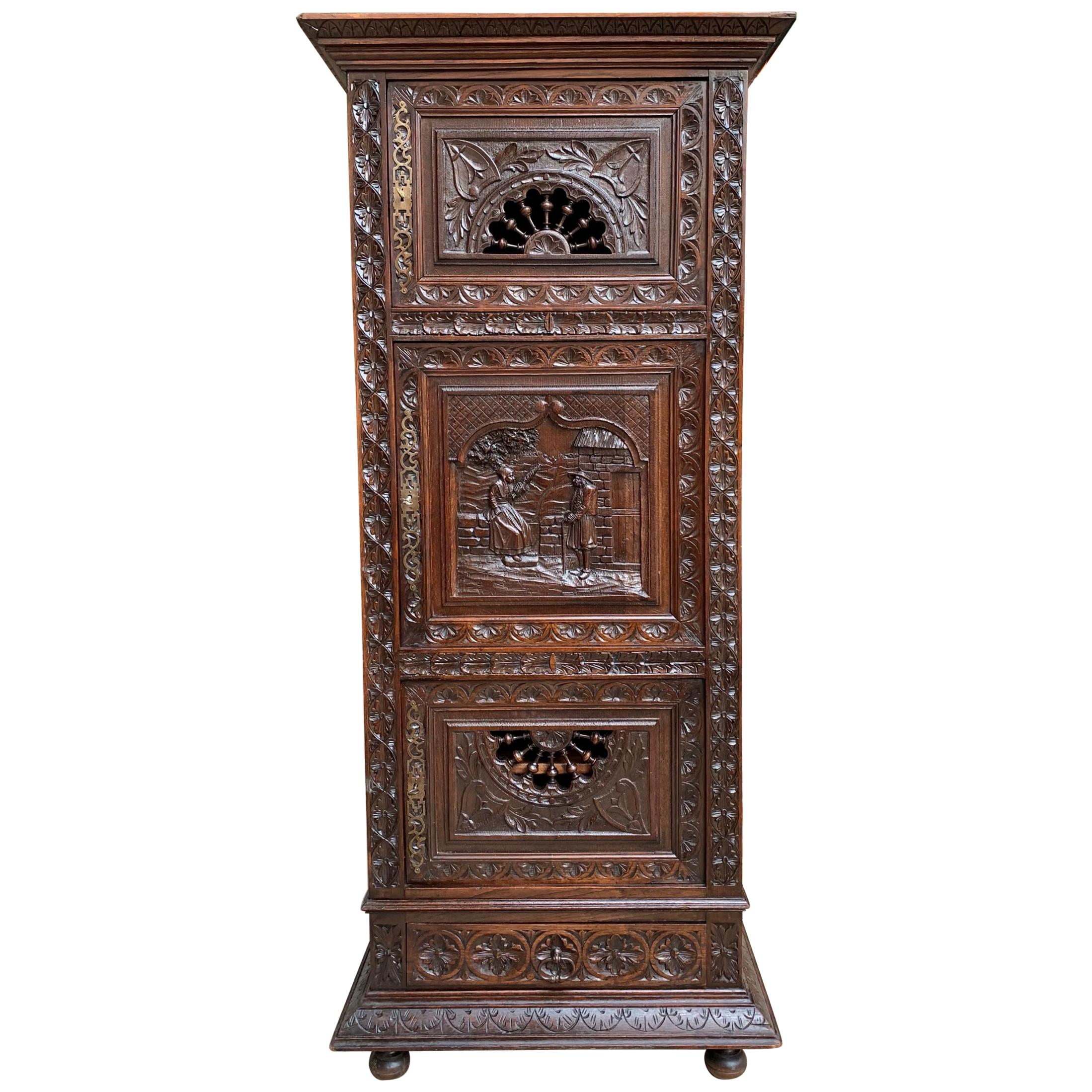 19th Century French Carved Bonnetiere Armoire Cabinet Brittany Breton Wardrobe
