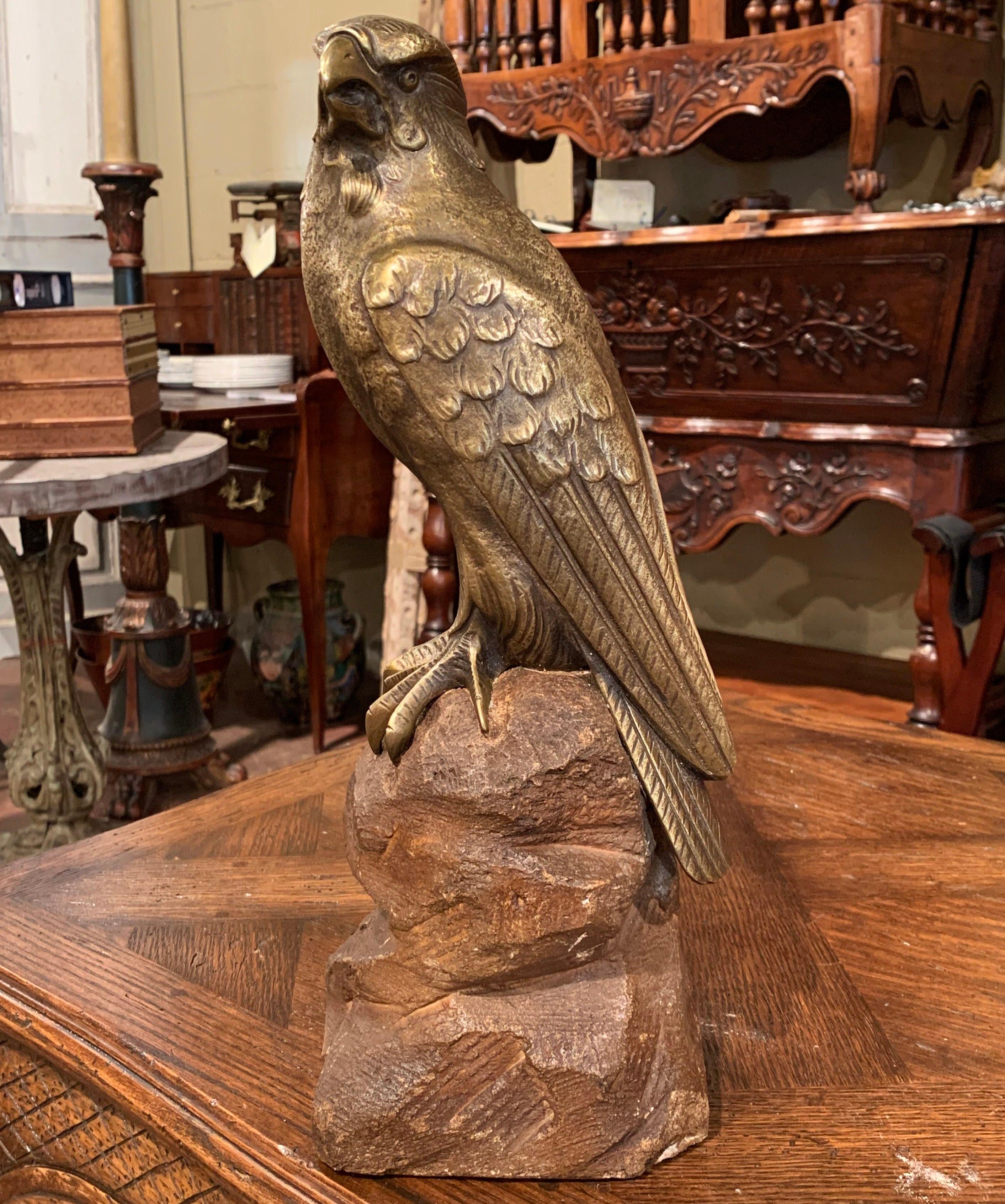 Hand-Carved 19th Century French Carved Patinated Bronze Eagle Sculpture on Stone Base