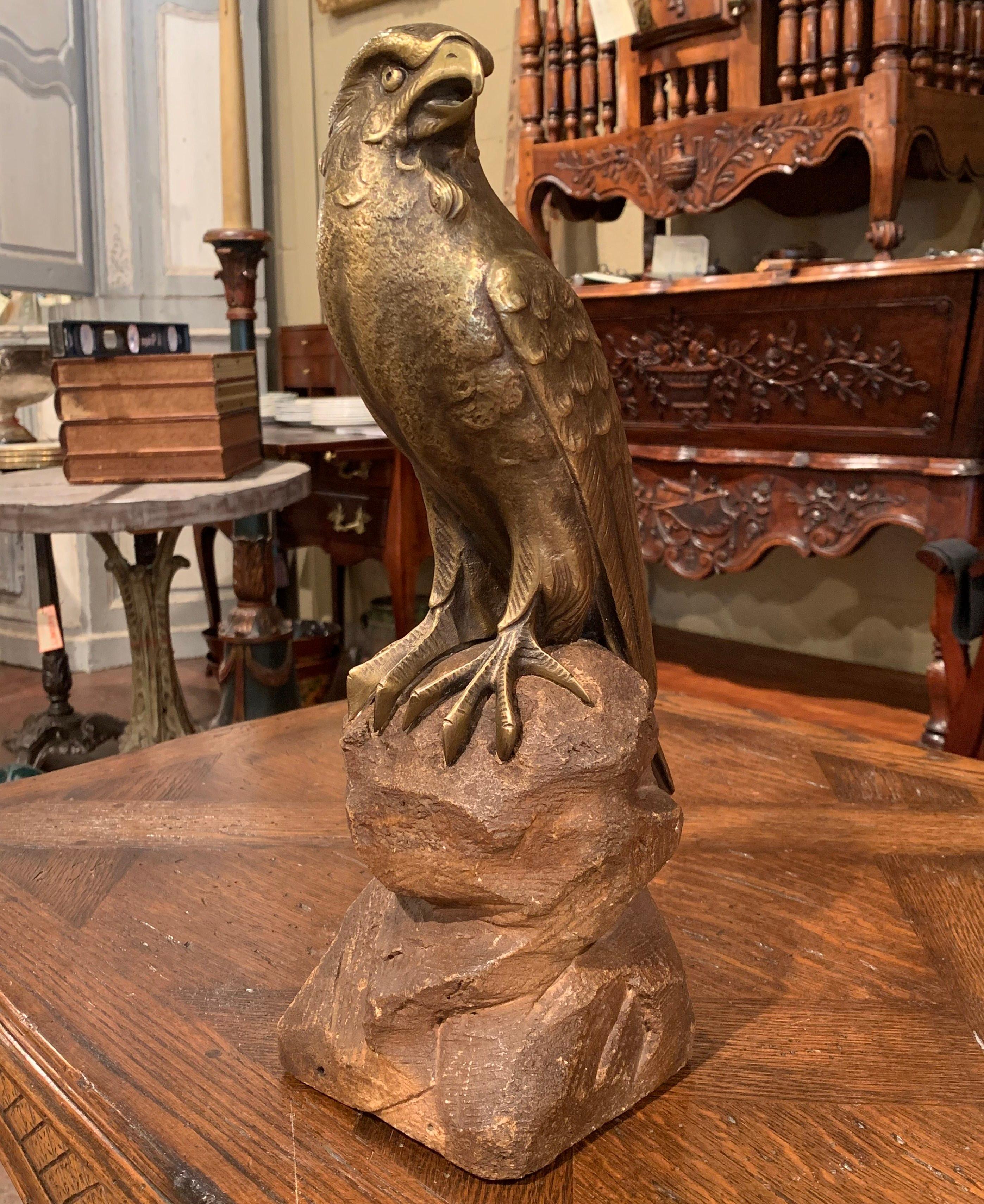 19th Century French Carved Patinated Bronze Eagle Sculpture on Stone Base In Excellent Condition In Dallas, TX