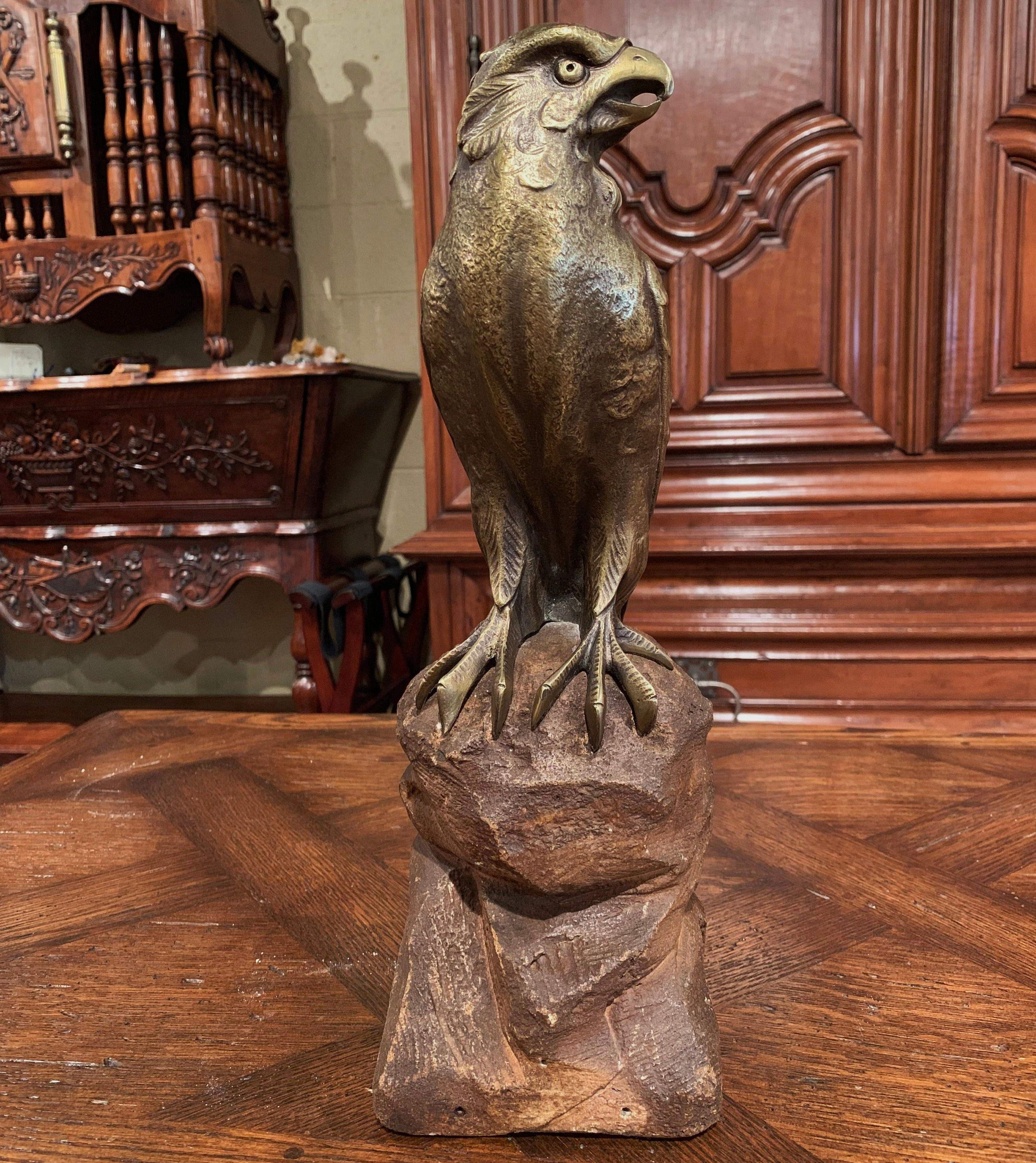 19th Century French Carved Patinated Bronze Eagle Sculpture on Stone Base 1
