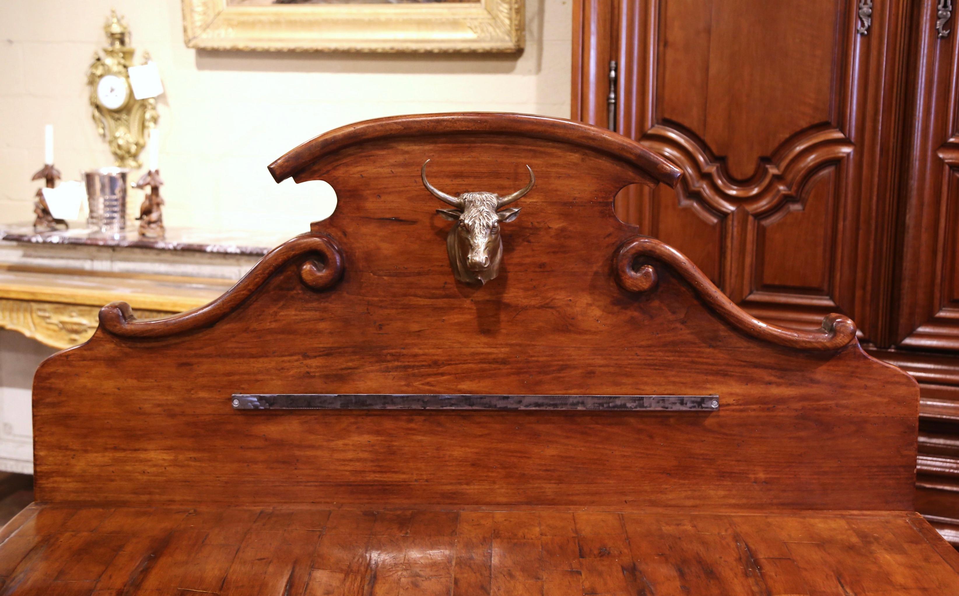 19th Century French Carved Butcher Block with Back and Bronze Cow Head 4