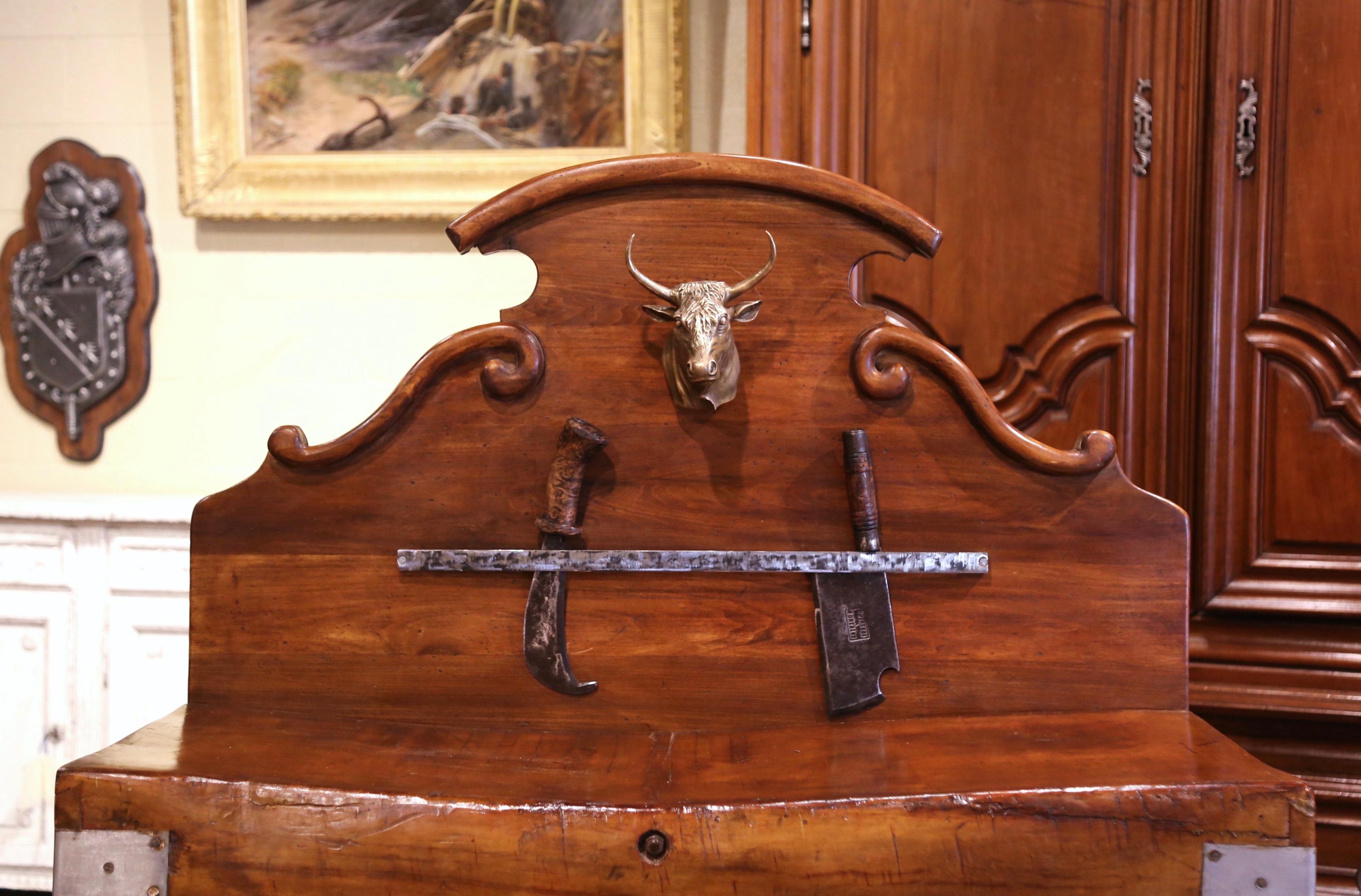 Country 19th Century French Carved Butcher Block with Back and Bronze Cow Head