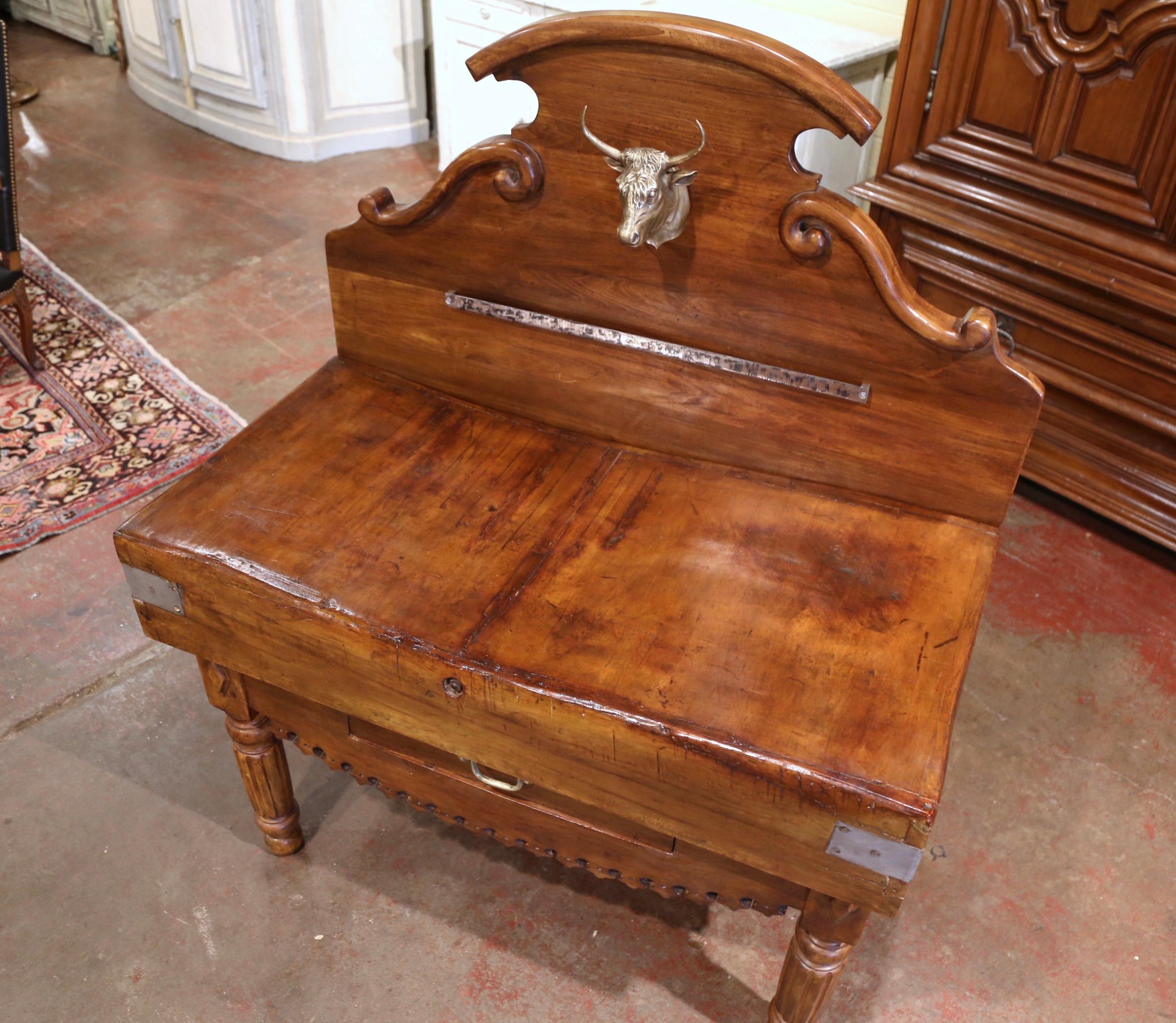 Hand-Carved 19th Century French Carved Butcher Block with Back and Bronze Cow Head