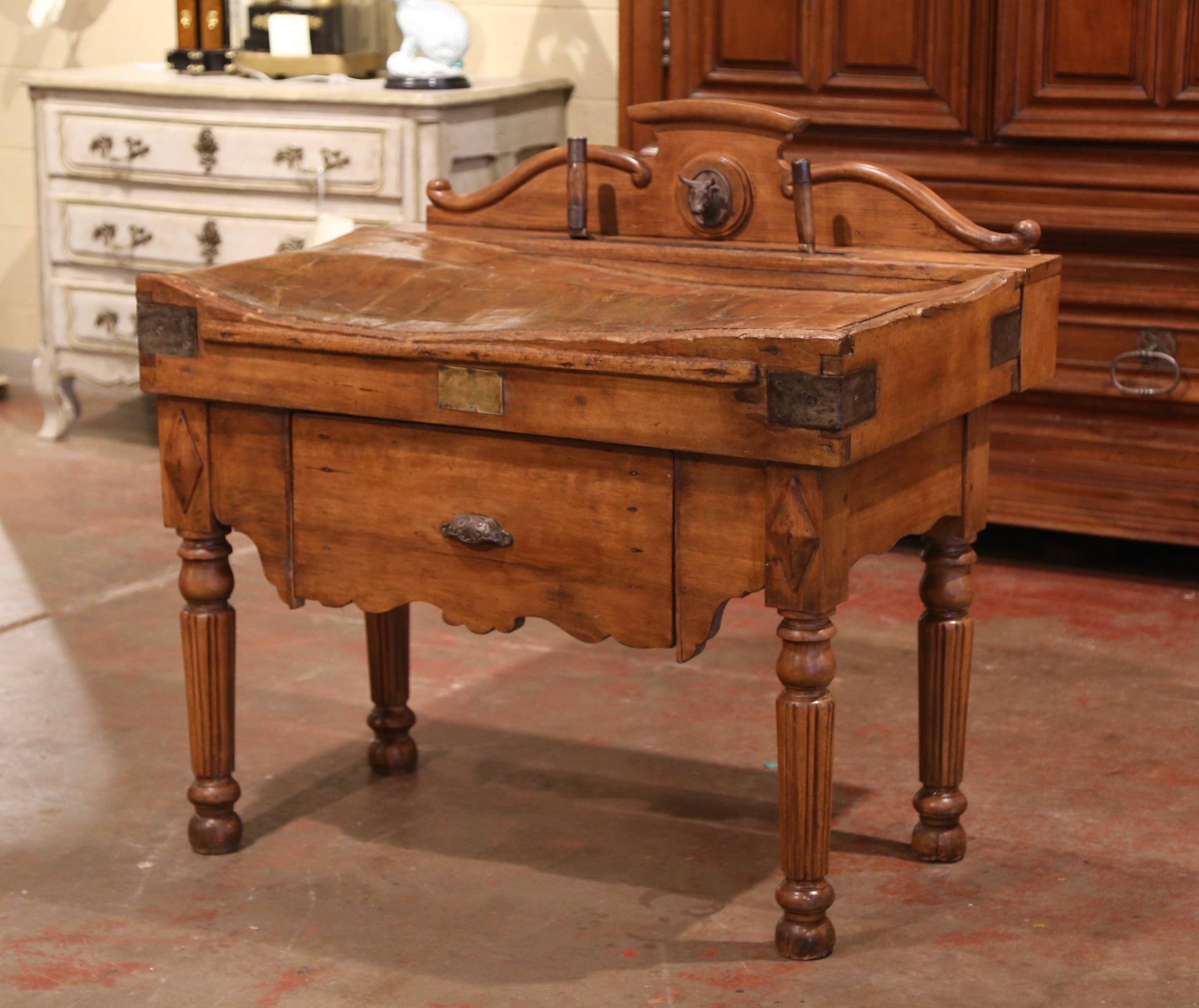 Hand-Carved 19th Century French Carved Butcher Block with Back and Meat Cleaver Knife Slot