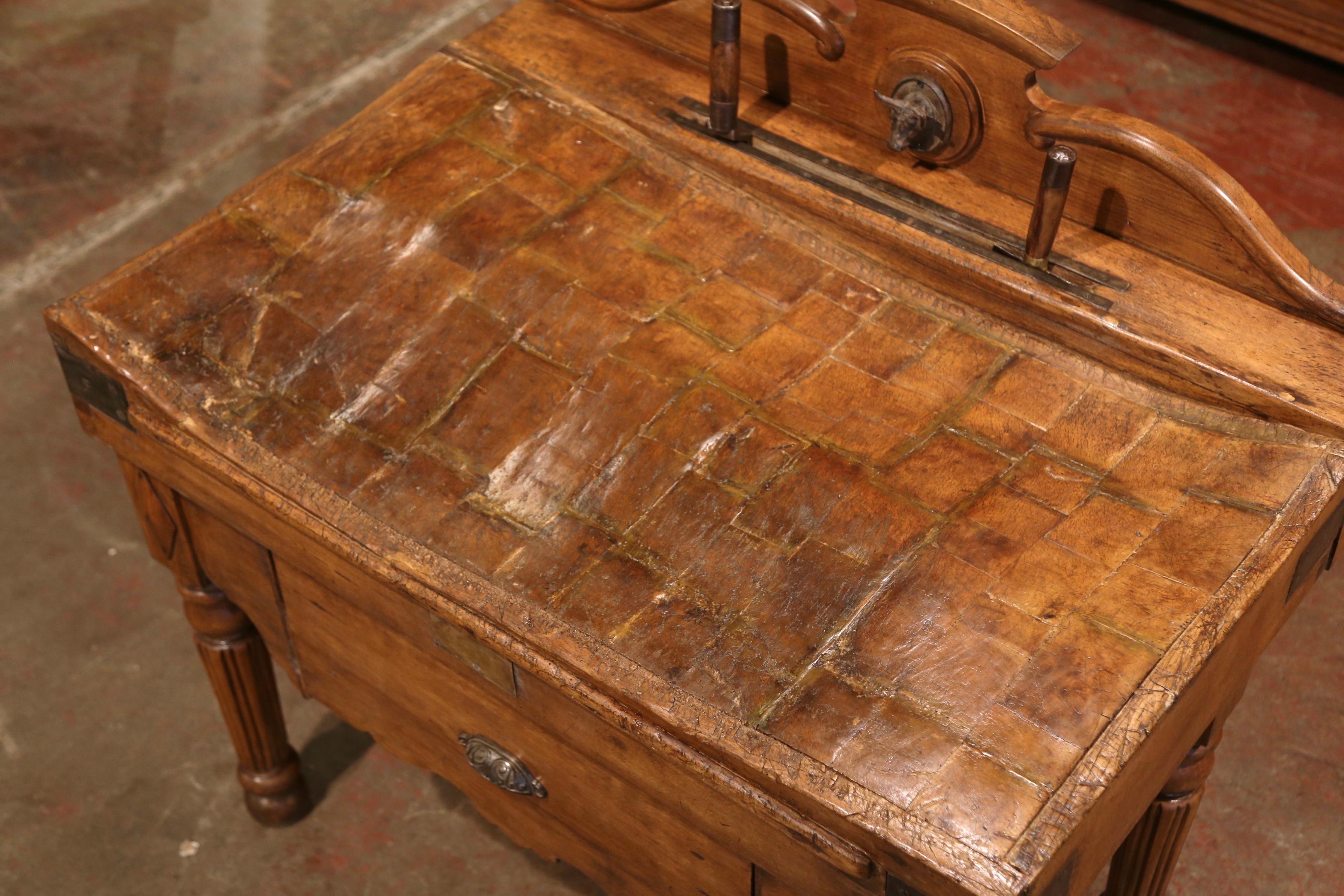 19th Century French Carved Butcher Block with Back and Meat Cleaver Knife Slot In Excellent Condition In Dallas, TX