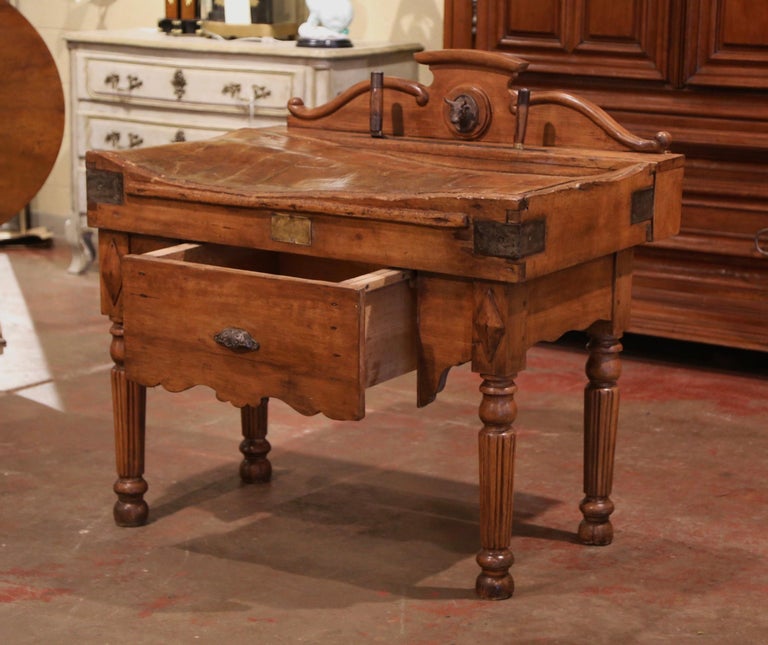 19th Century French Carved Butcher Block with Back and Meat Cleaver Knife Slot at 1stDibs