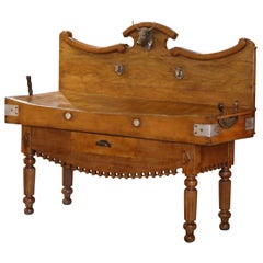 19th Century French Carved Butcher Block with Back, Bull Head & Chopping Knifes