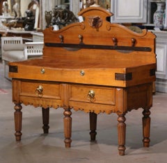 19th Century French Carved Butcher Block with Back, Cow Head and Chopping Knifes
