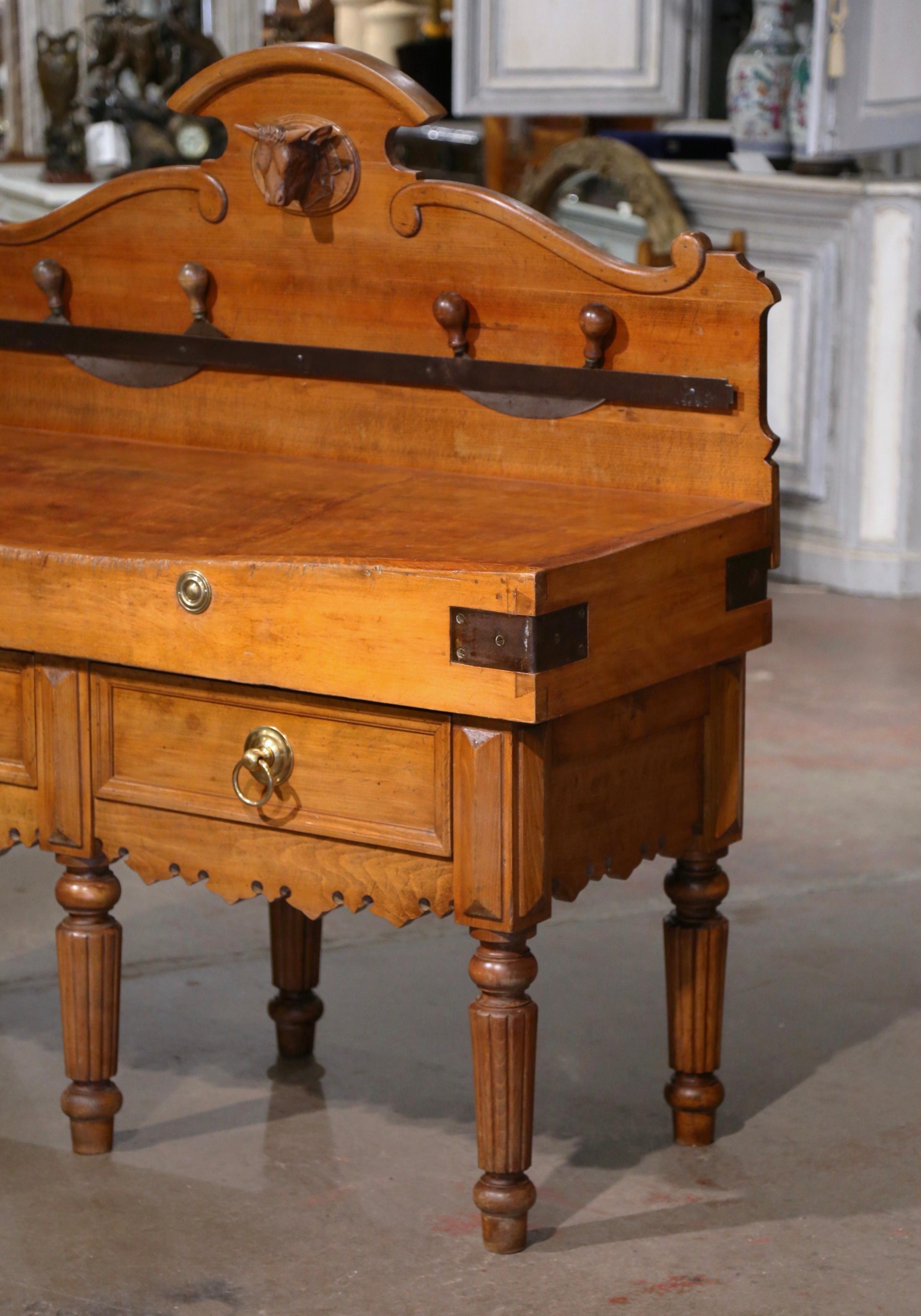 Iron 19th Century French Carved Butcher Block with Back, Cow Head and Chopping Knifes For Sale