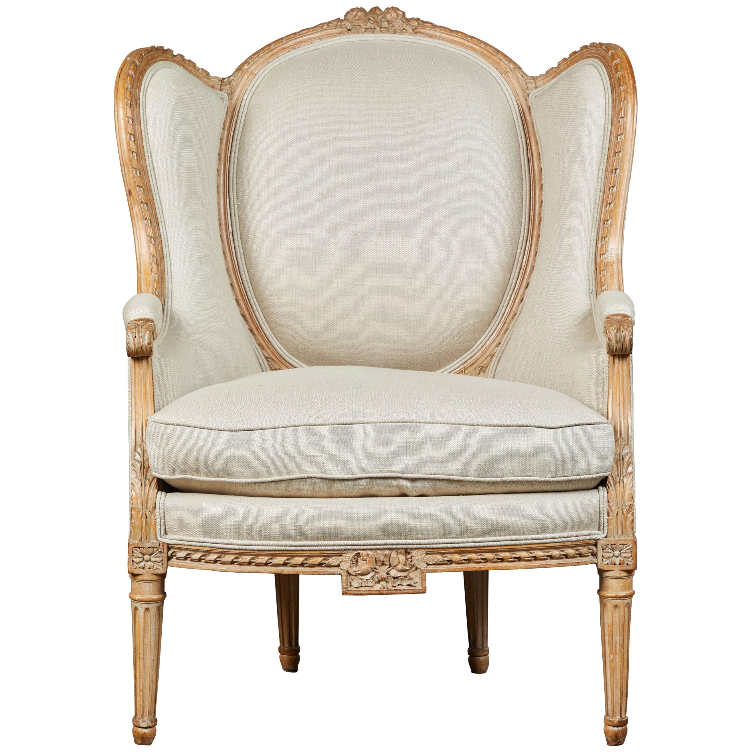 19th Century French Carved Chair with Beige Upholstery For Sale