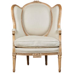 19th Century French Carved Chair with Beige Upholstery