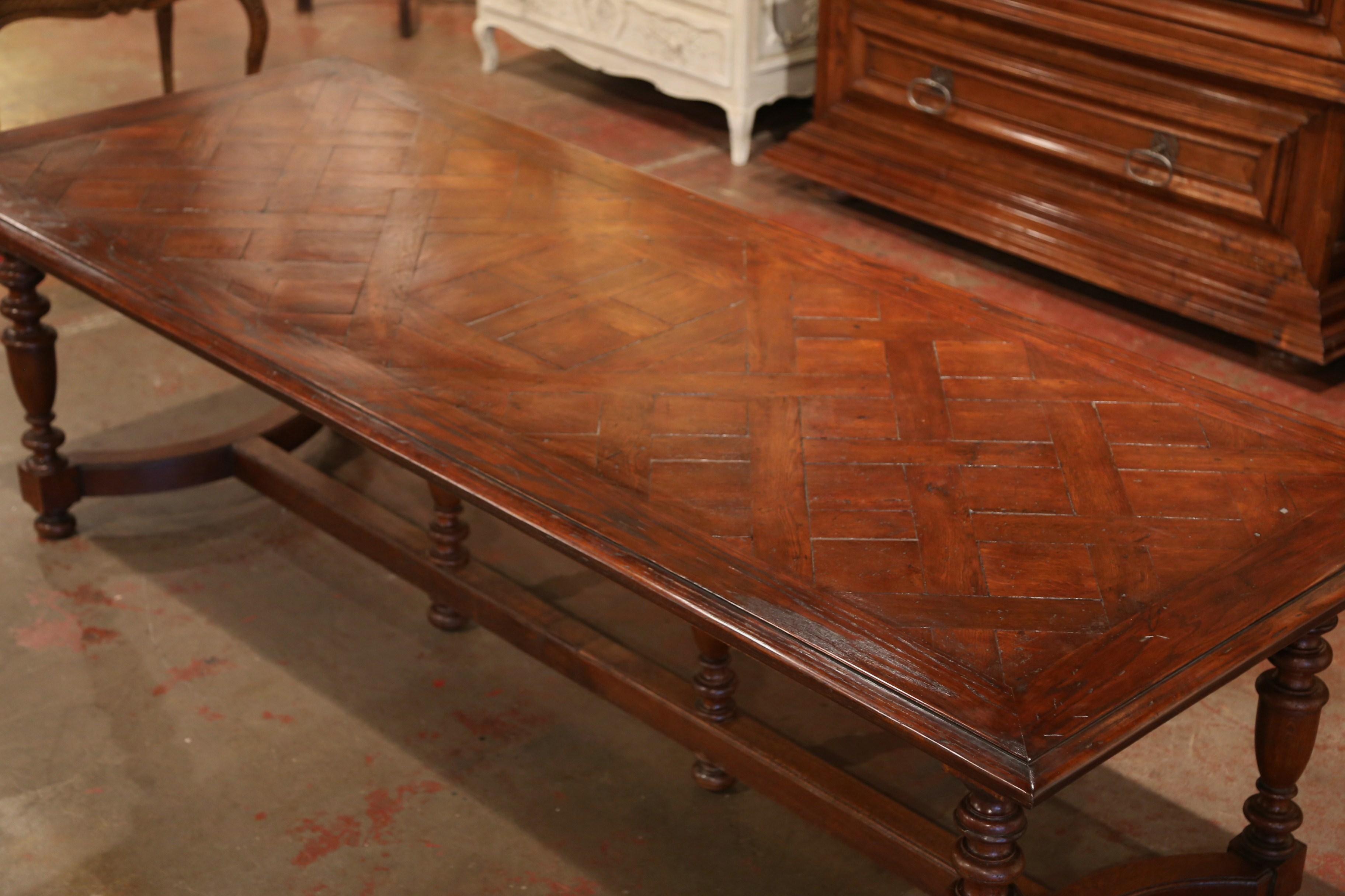 Louis XIII 19th Century French Carved Chestnut and Oak Six-Leg Farm Table with Parquet Top