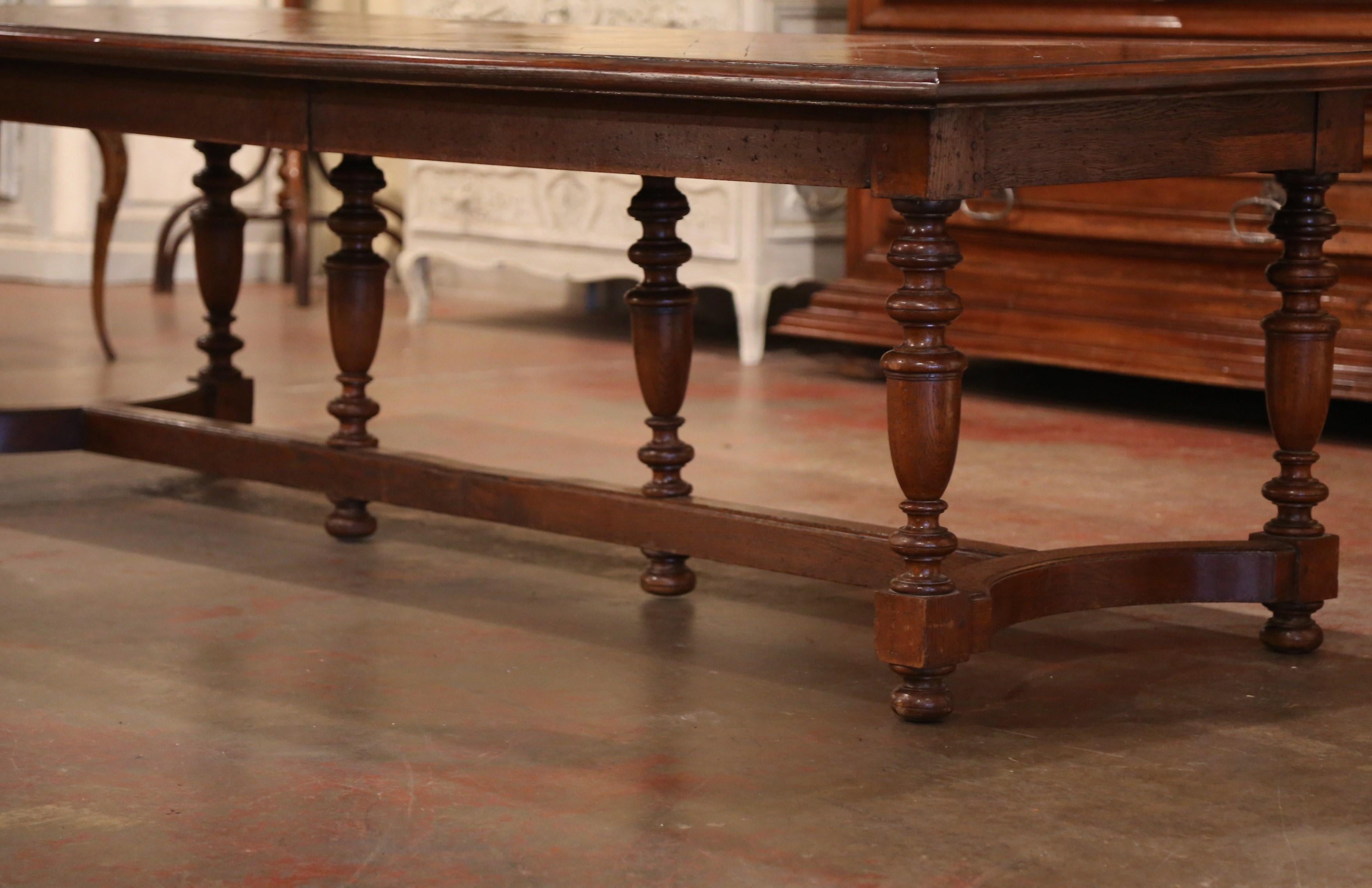 Hand-Carved 19th Century French Carved Chestnut and Oak Six-Leg Farm Table with Parquet Top