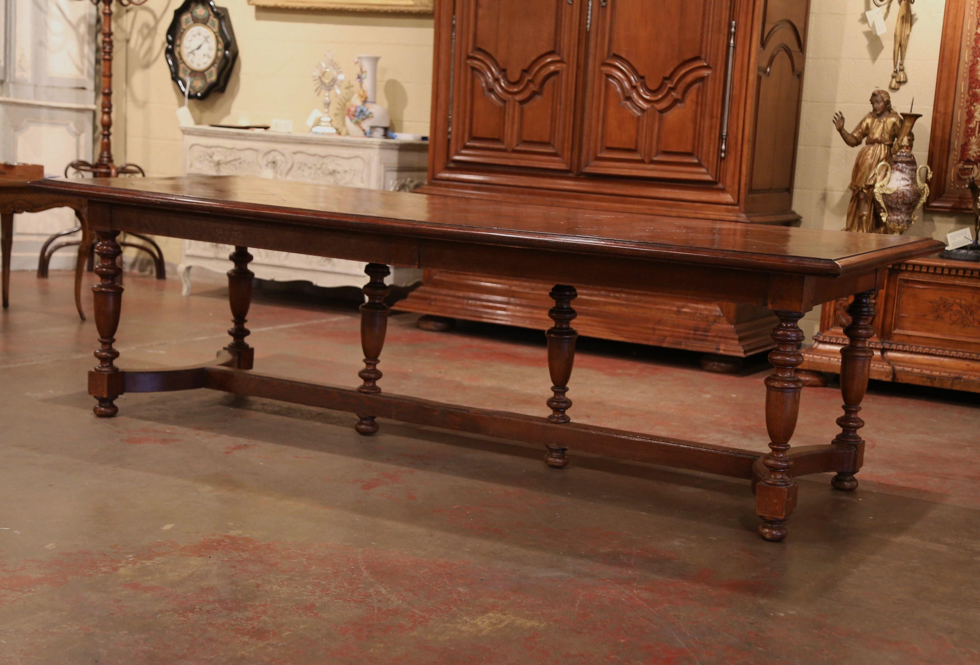 19th Century French Carved Chestnut and Oak Six-Leg Farm Table with Parquet Top In Excellent Condition In Dallas, TX