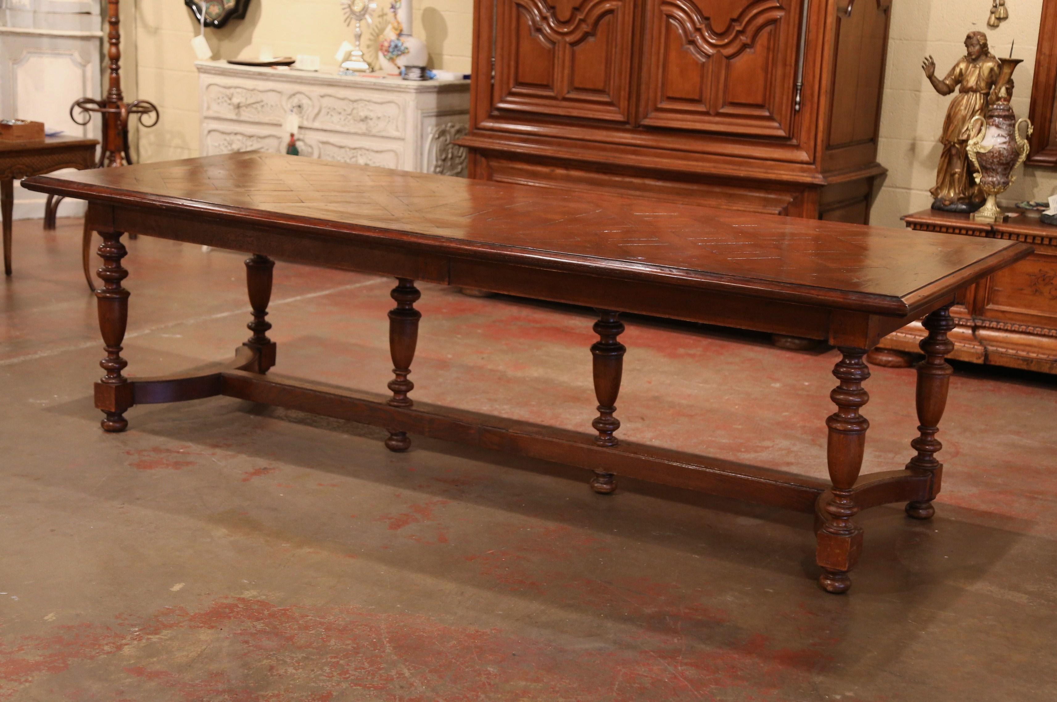 19th Century French Carved Chestnut and Oak Six-Leg Farm Table with Parquet Top 3