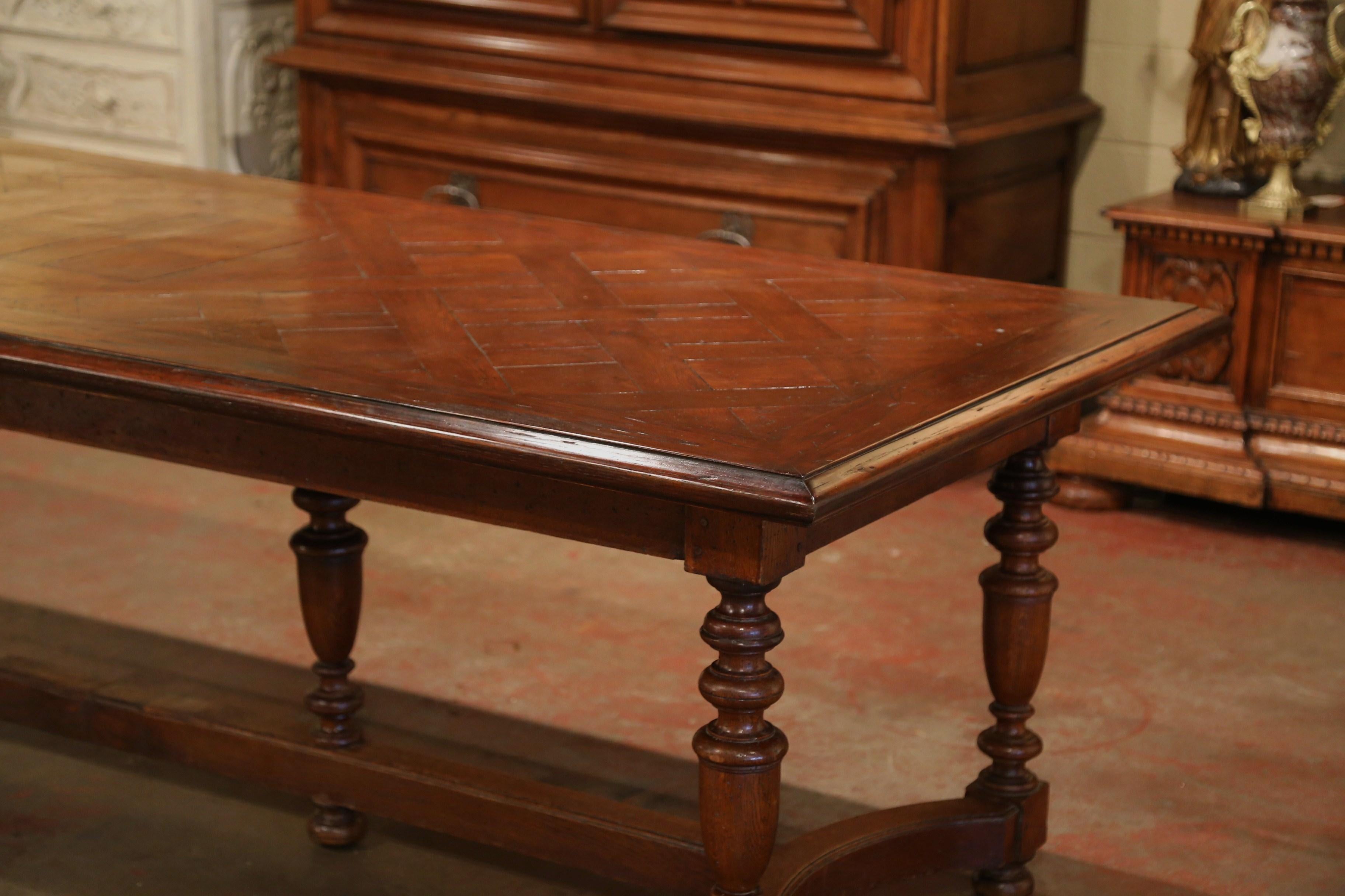 19th Century French Carved Chestnut and Oak Six-Leg Farm Table with Parquet Top 4