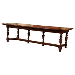 19th Century French Carved Chestnut and Oak Six-Leg Farm Table with Parquet Top