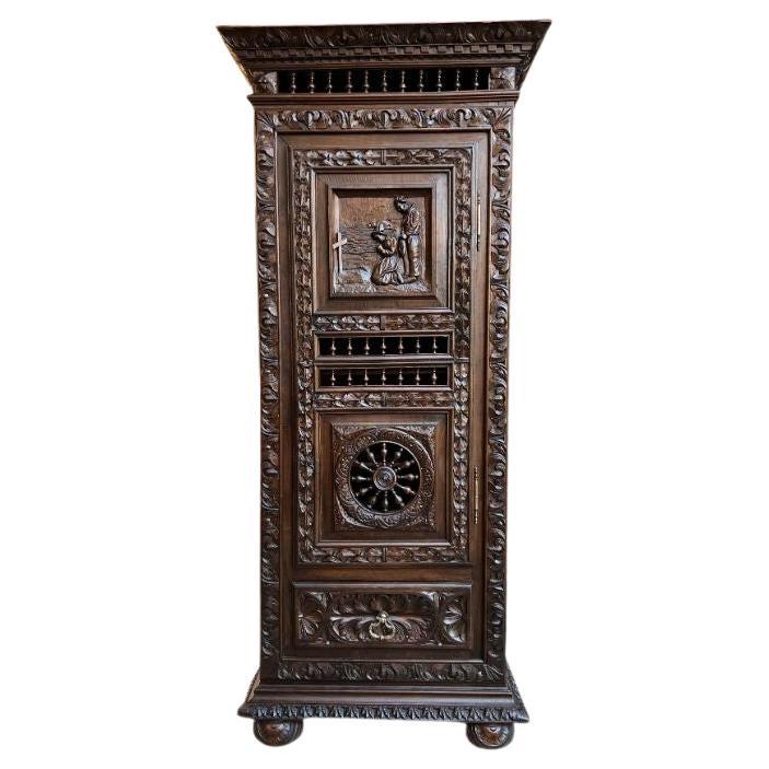 19th century French Carved Chestnut Bonnetiere Armoire Cabinet Brittany Breton