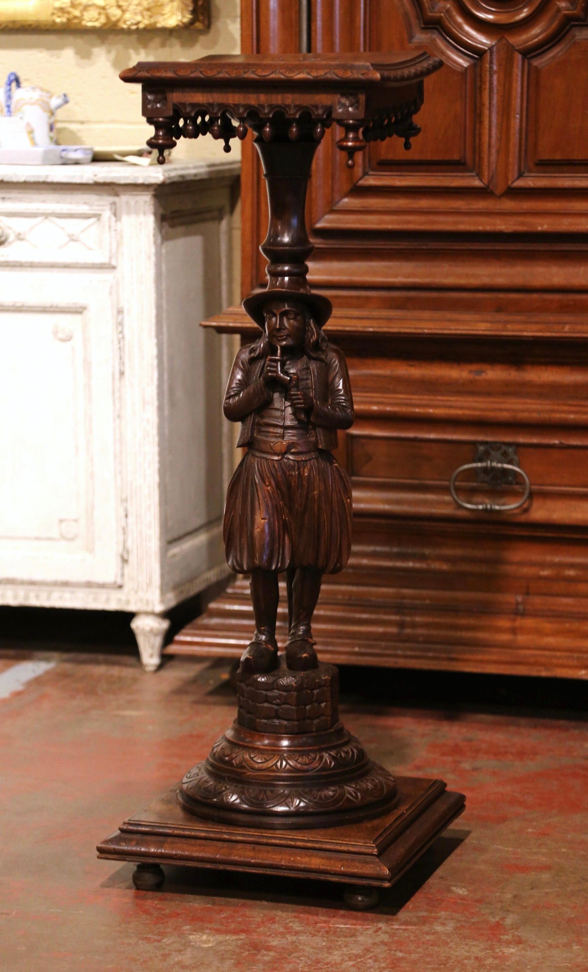 Hand-Carved 19th Century French Carved Chestnut Pedestal Table with Breton Man Figure