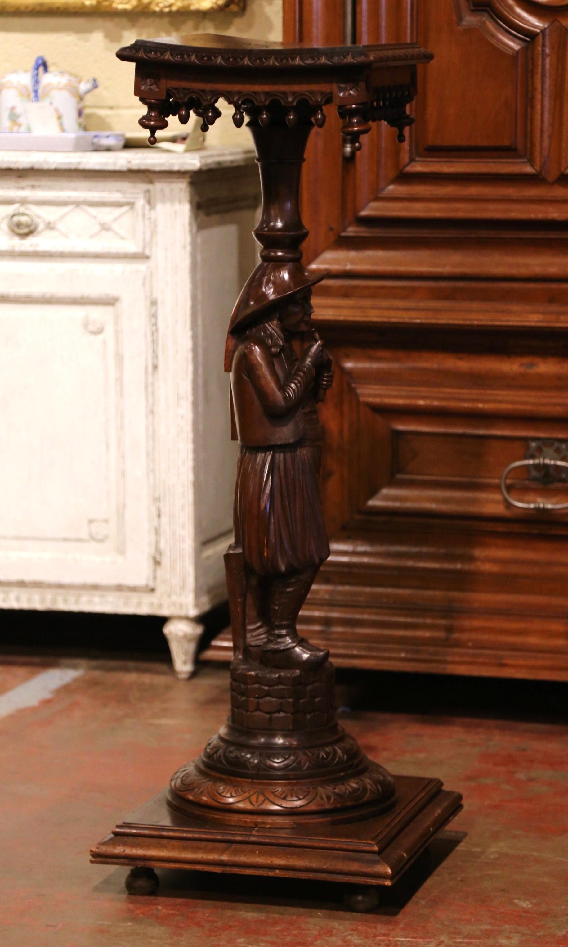 19th Century French Carved Chestnut Pedestal Table with Breton Man Figure 1