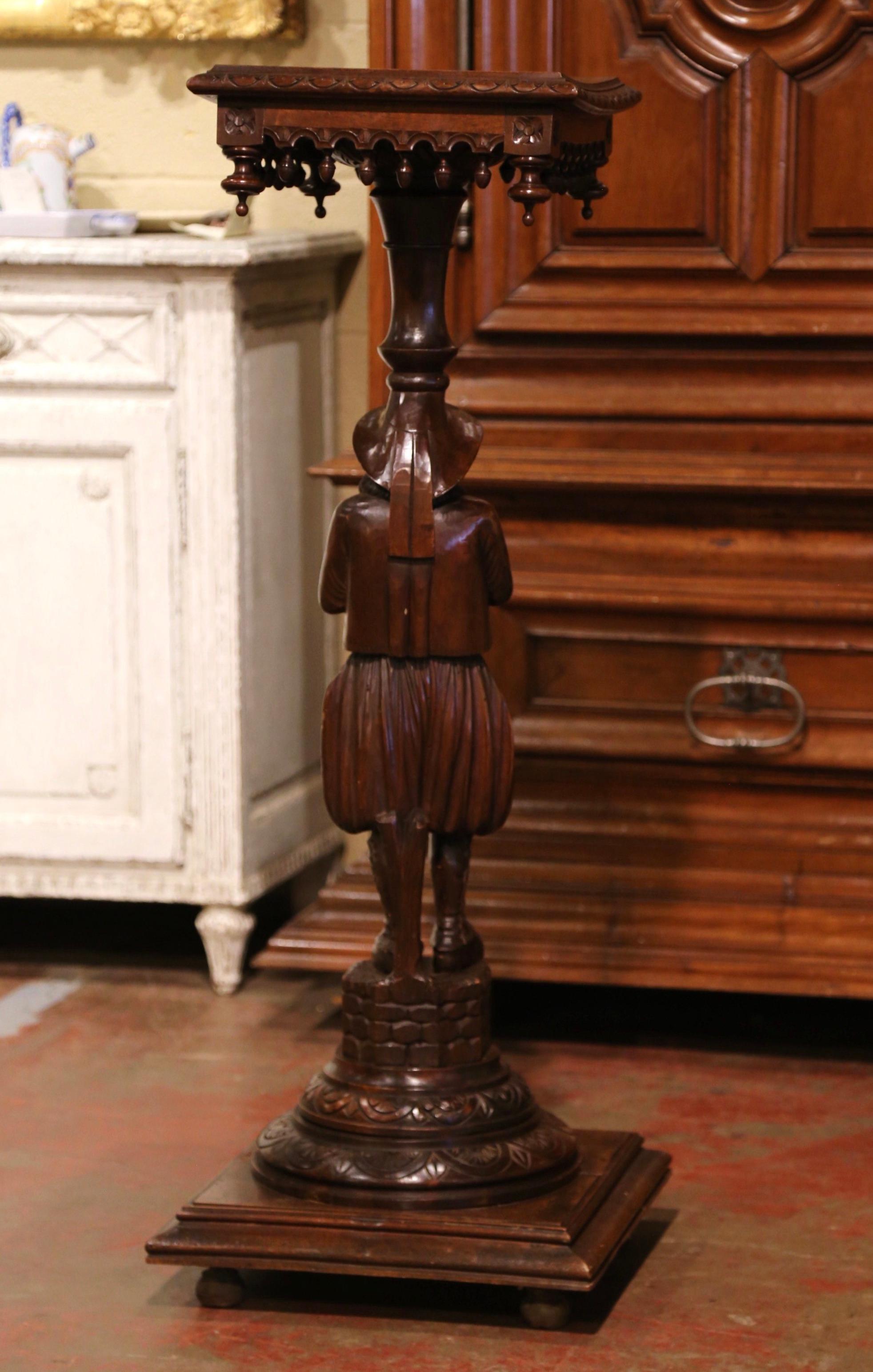 19th Century French Carved Chestnut Pedestal Table with Breton Man Figure 2