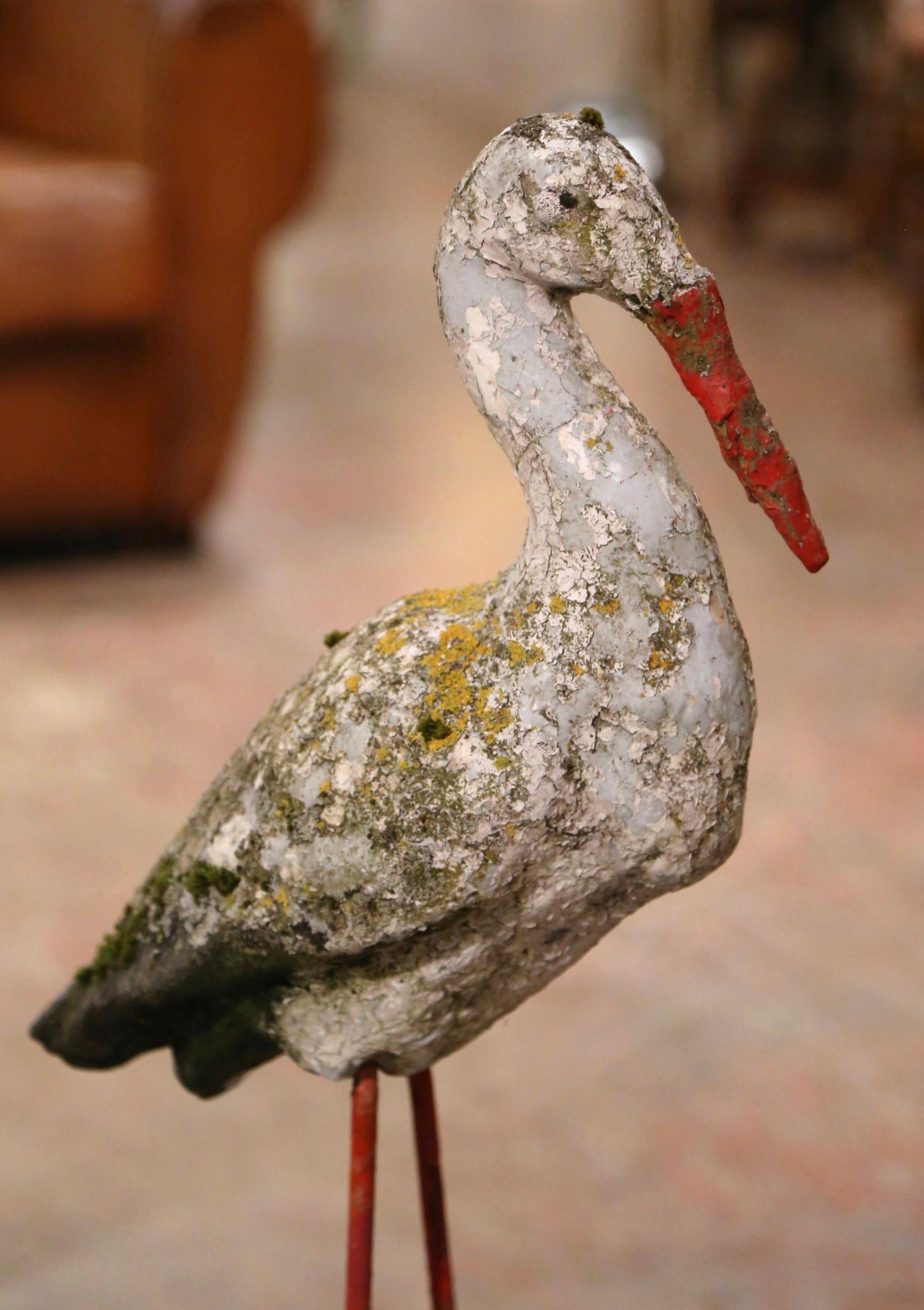 Patinated 19th Century French Carved Concrete and Iron Weathered Crane Bird Garden Statue