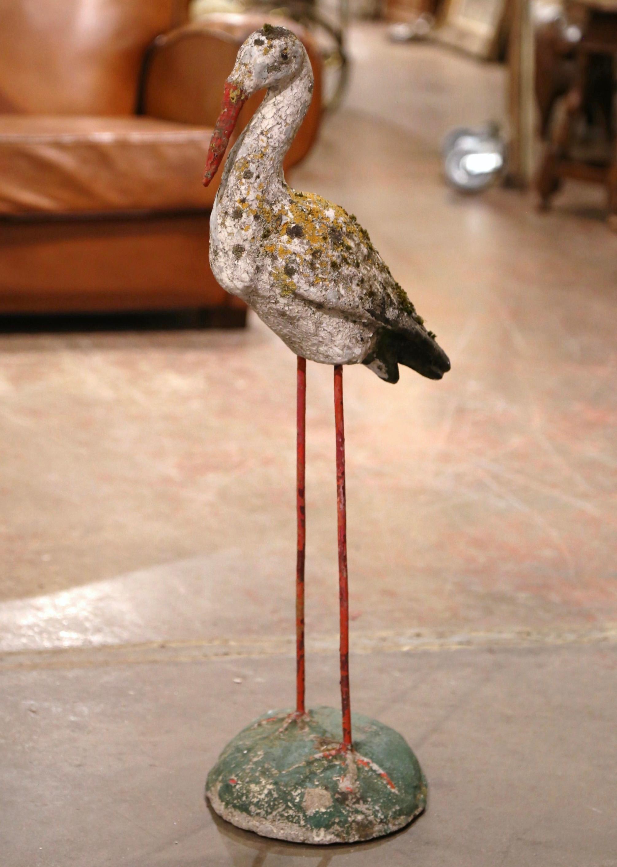 19th Century French Carved Concrete and Iron Weathered Crane Bird Garden Statue In Excellent Condition In Dallas, TX