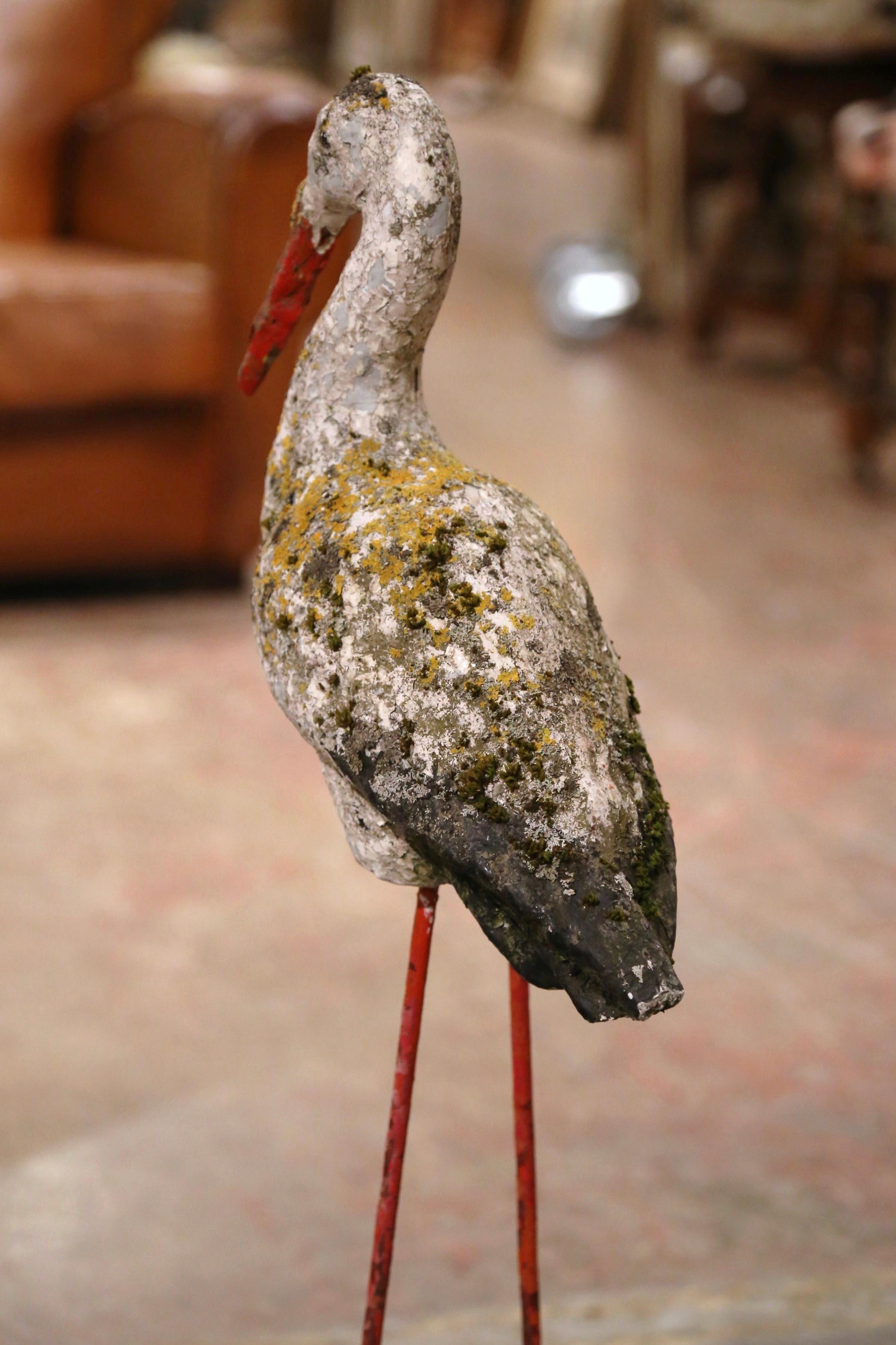 19th Century French Carved Concrete and Iron Weathered Crane Bird Garden Statue 2