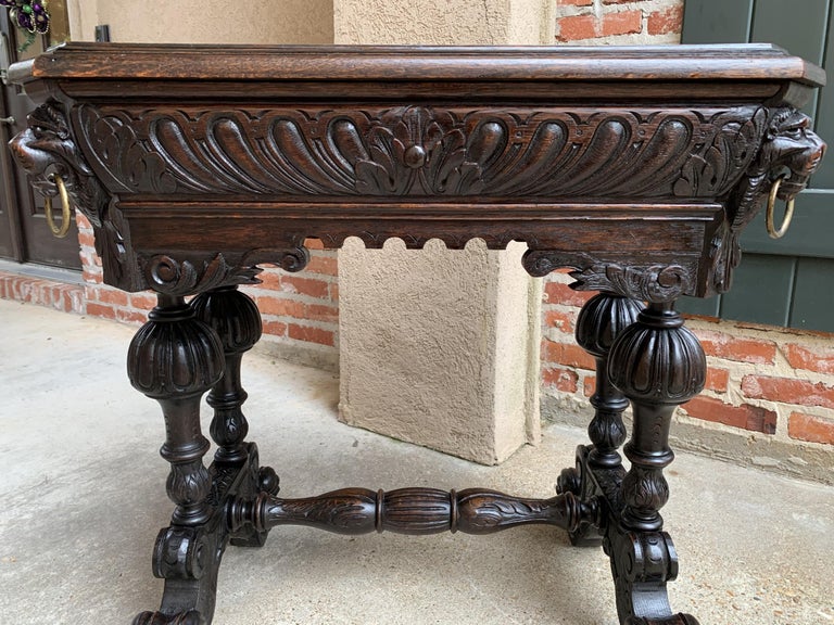 19th Century French Carved Dark Oak Sofa Side Table Small Renaissance