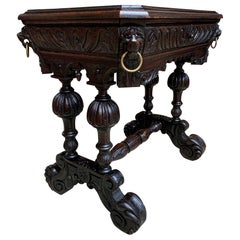 19th Century French Carved Dark Oak Sofa Side Table Small Renaissance Victorian