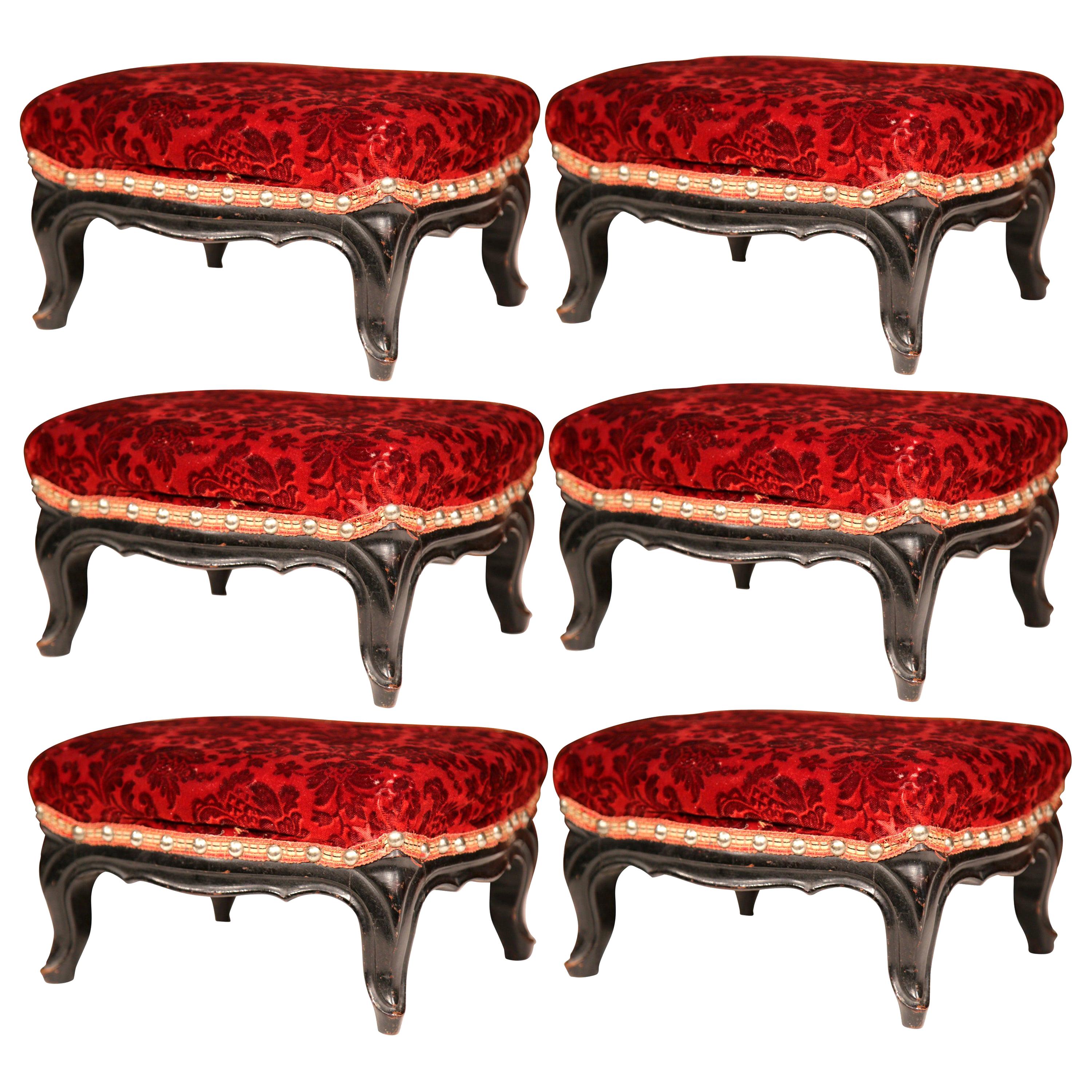19th Century French Carved Ebonized Footstools with Red Velvet, Set of Six